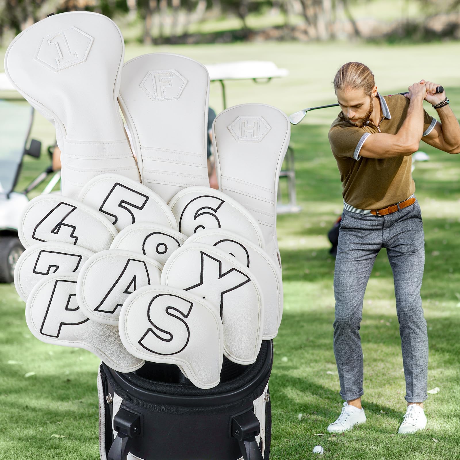 Golfschlägerhauben 1FH/Driver/Fairwayholz/Hybrid/Eisen, weißes PU-Leder