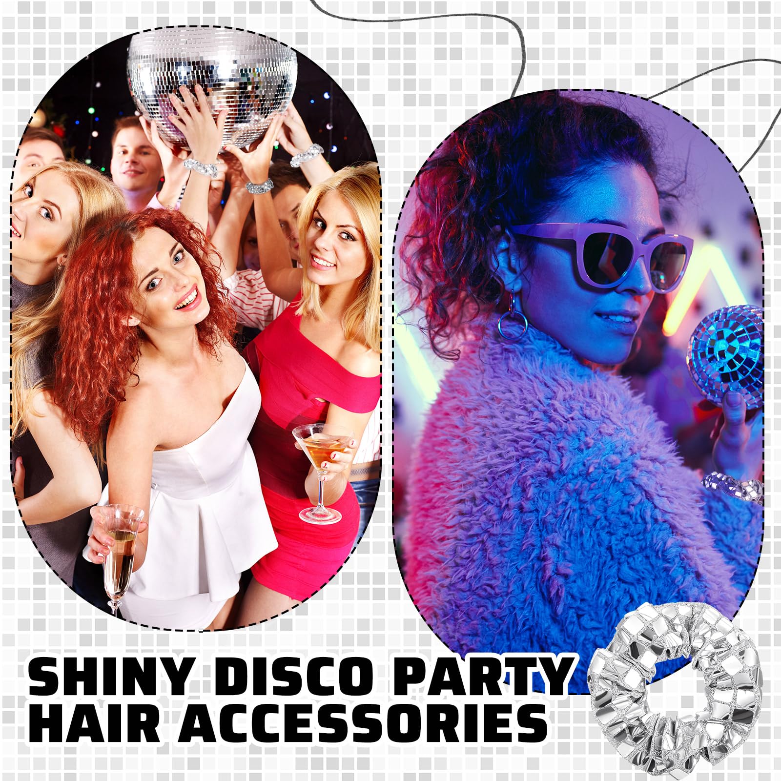 Lyrow Haargummis mit Discokugeln, Pailletten, metallisch, Haargummis, Pferdeschwanz-Halter, Handgelenkbänder, Discokugel-Kopfschmuck, 70er-Jahre-Stil, Disco-Haarschmuck für Mädchen und Frauen,