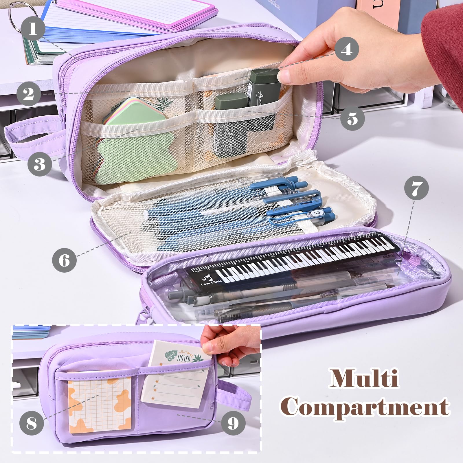 BAYTORY Multi-Compartment Pencil Case, Large Stitch Pencil Cases with Smooth Zipper - Image 4