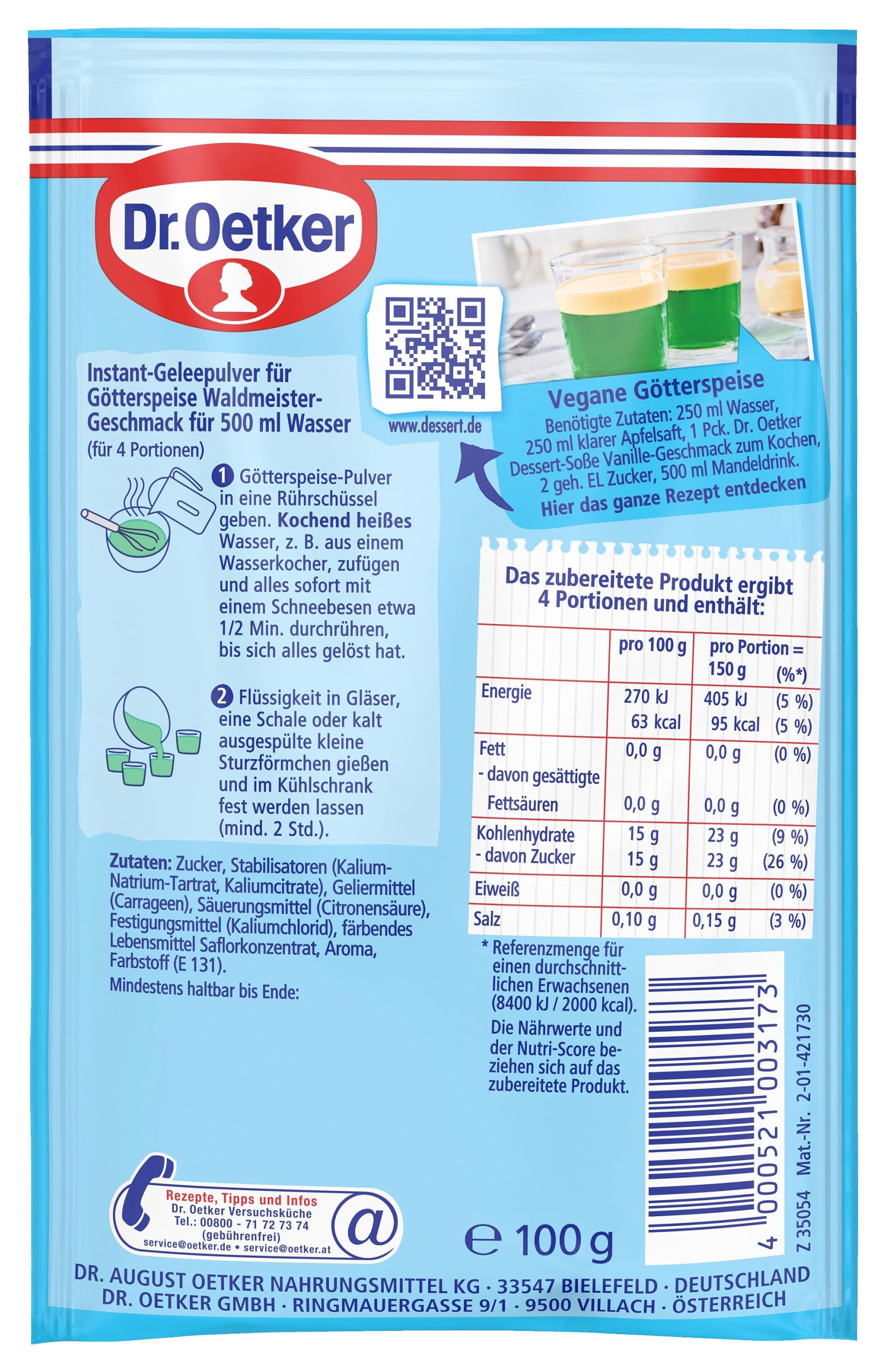 Dr. Oetker Götterspeise Instant Waldmeister-Geschmack, 16er Pack Dessertpulver für Waldmeister-Wackelpudding, Zucker schon enthalten, vegan, 16 x 100g Dessertpulver
