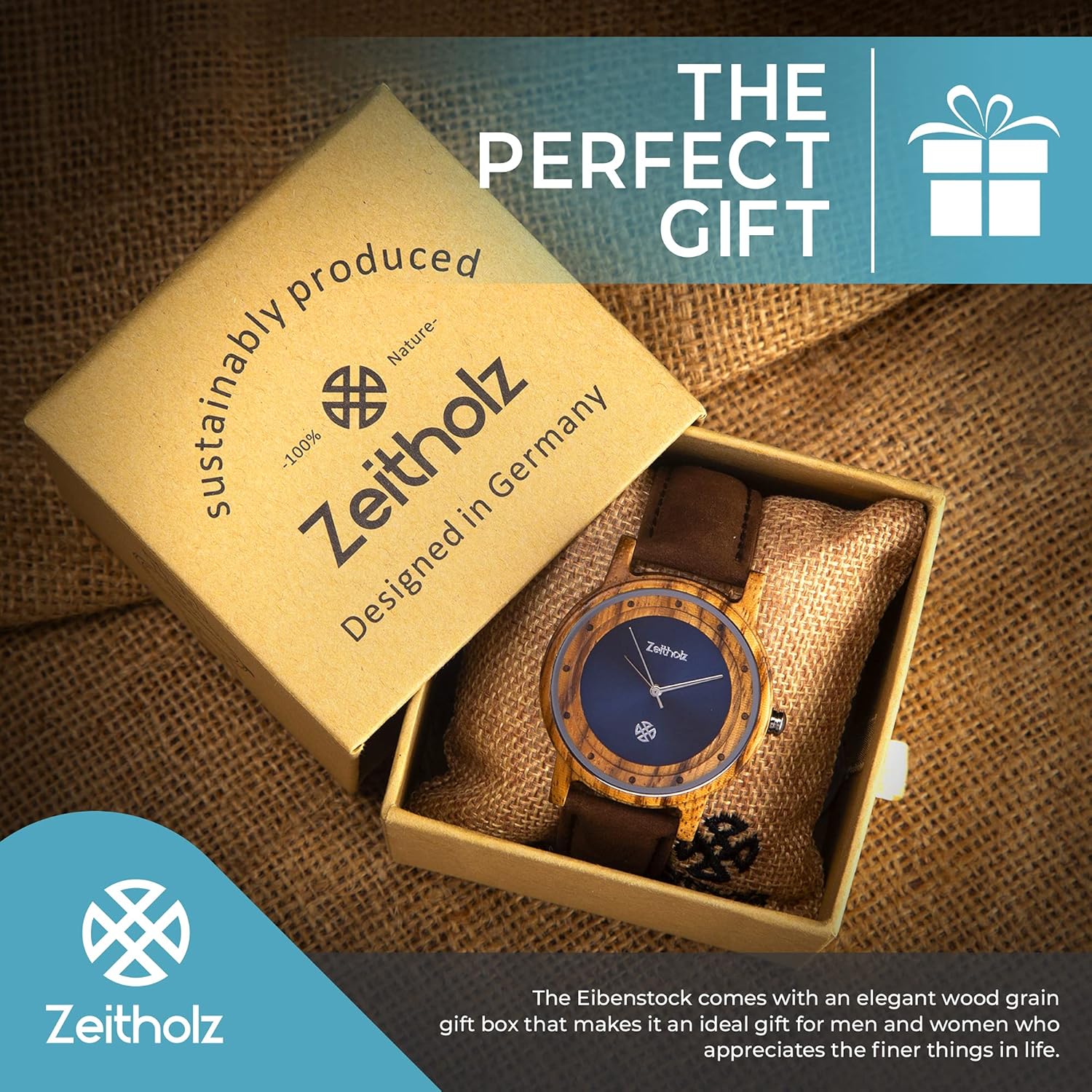 Zeitholz Unisex Wooden Watch - Eibenstock Model, Handmade from 100% Natural Zebrawood with Quartz Movement - Lightweight Analog Wooden Watch for Men and Women - Adjustable Band Fits Any Wrist