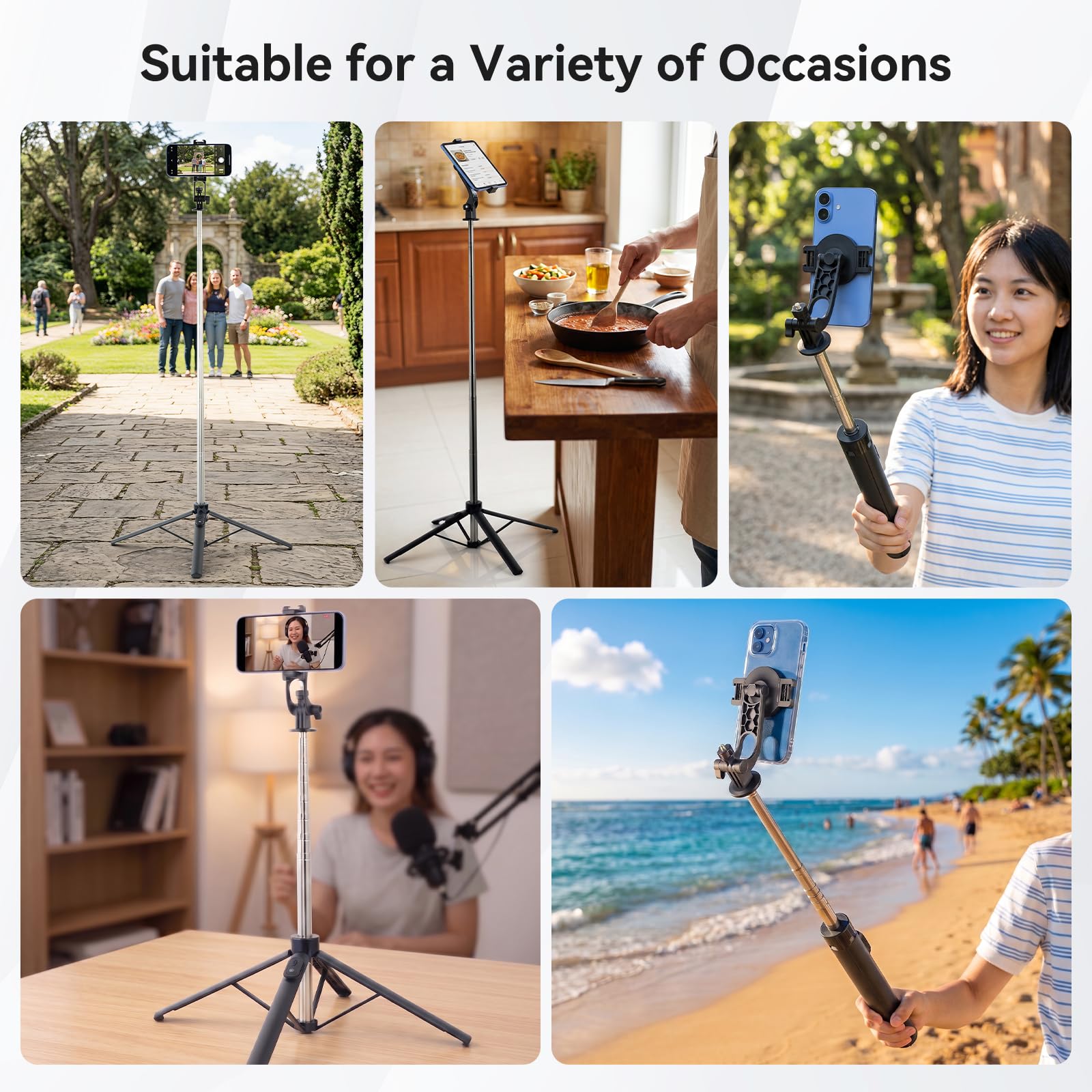 aceyoon Palo selfie extensible de 180 cm con base de 4 patas y clip magnético para teléfono