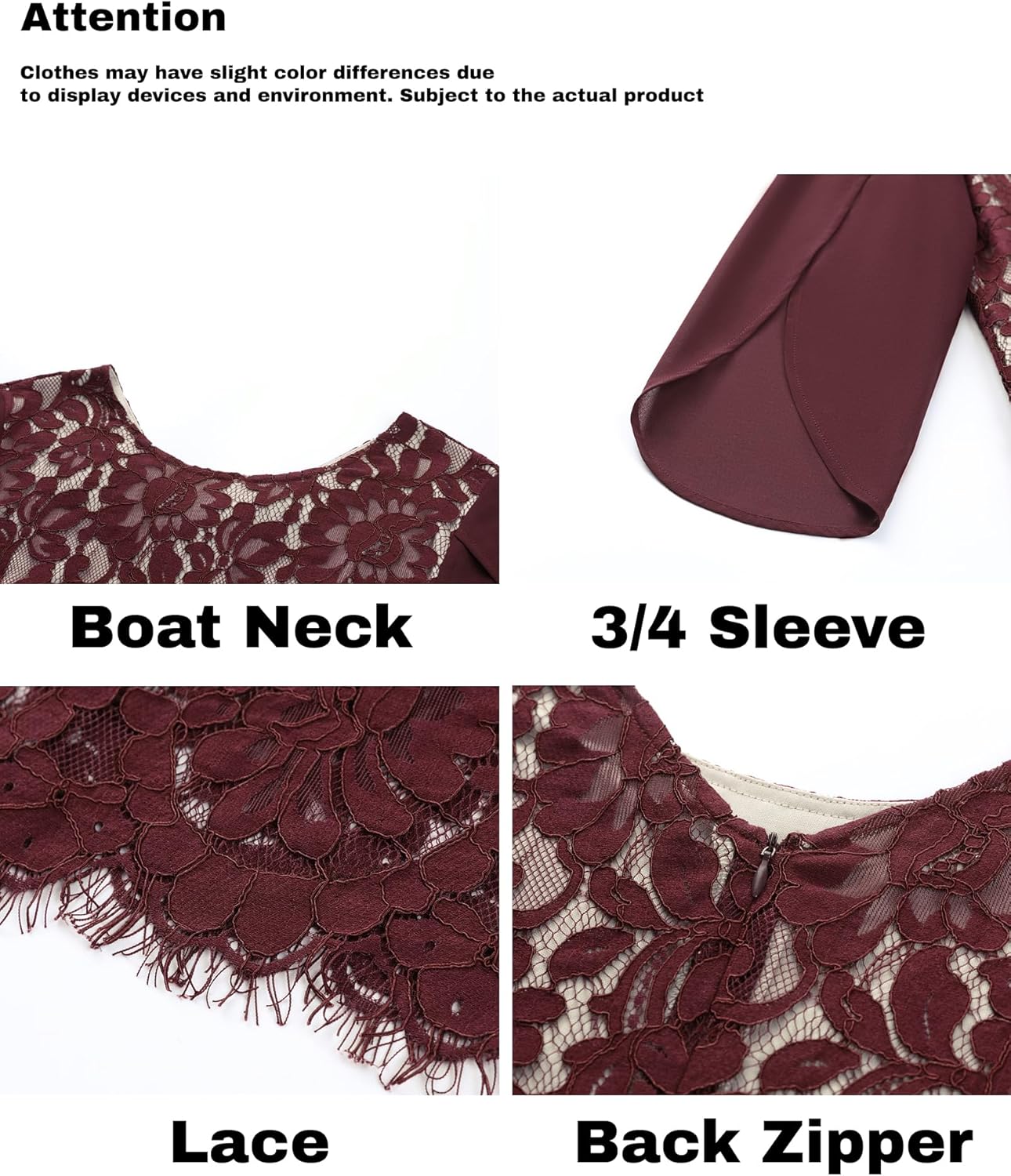 DERAX Women's Lace 3/4 Sleeve Mini Dress Chiffon Wedding Guest Party Knee Length A-Line 2026 Spring Dresses - Image 6