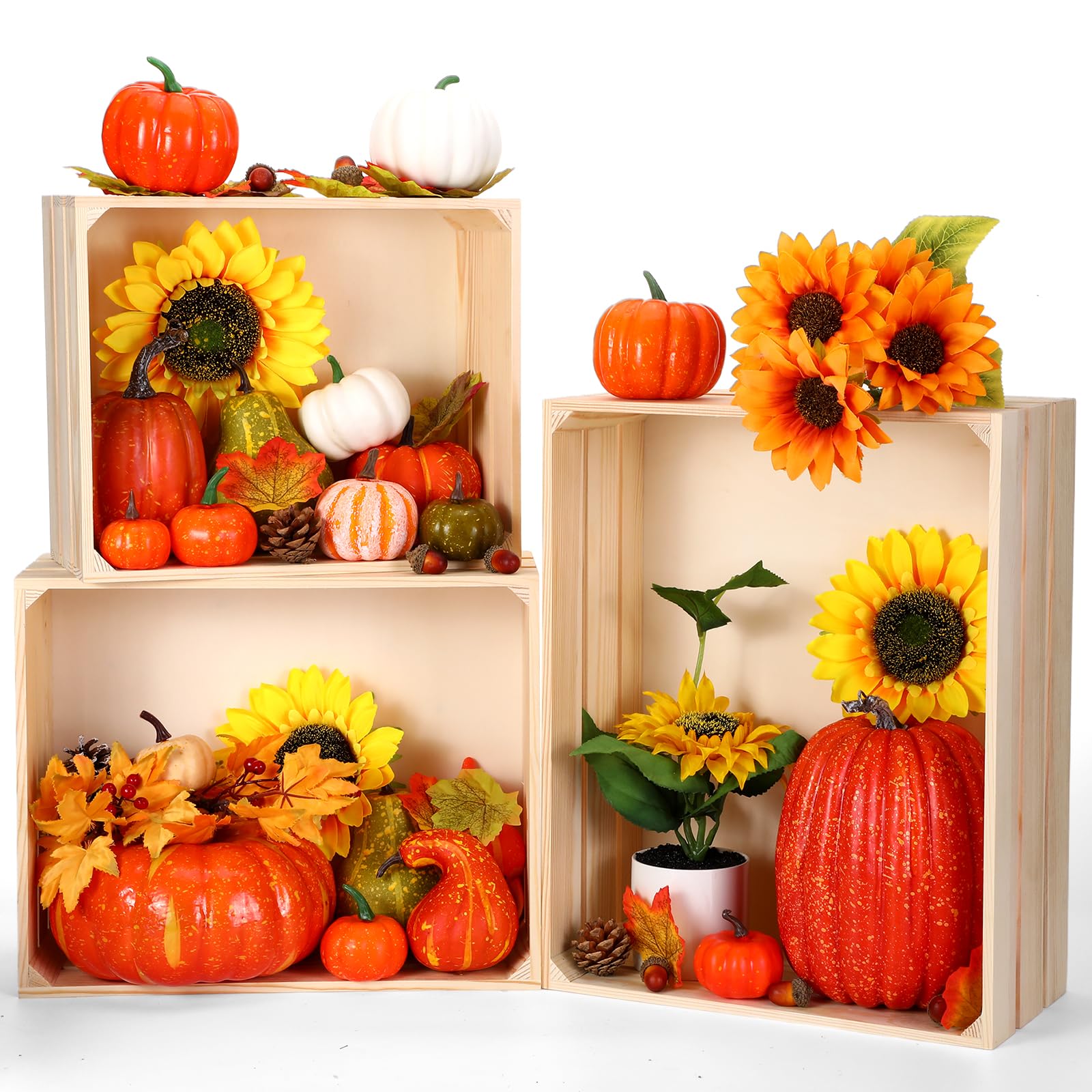55 Pcs Fall Table Centerpieces Include Autumn Harvest Wooden Display Crates with Fall Maple Leaves Pumpkin Acorn Pine Cone Thanksgiving Table Decor Fall Farmhouse Tiered Tray Table Decor