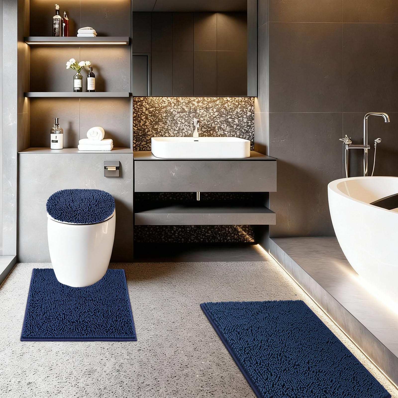 Bathroom Rugs Sets 3 Piece with Adjustable Toilet Seat Cover 19 5x 18 5 Machine Washable Bath Rug
