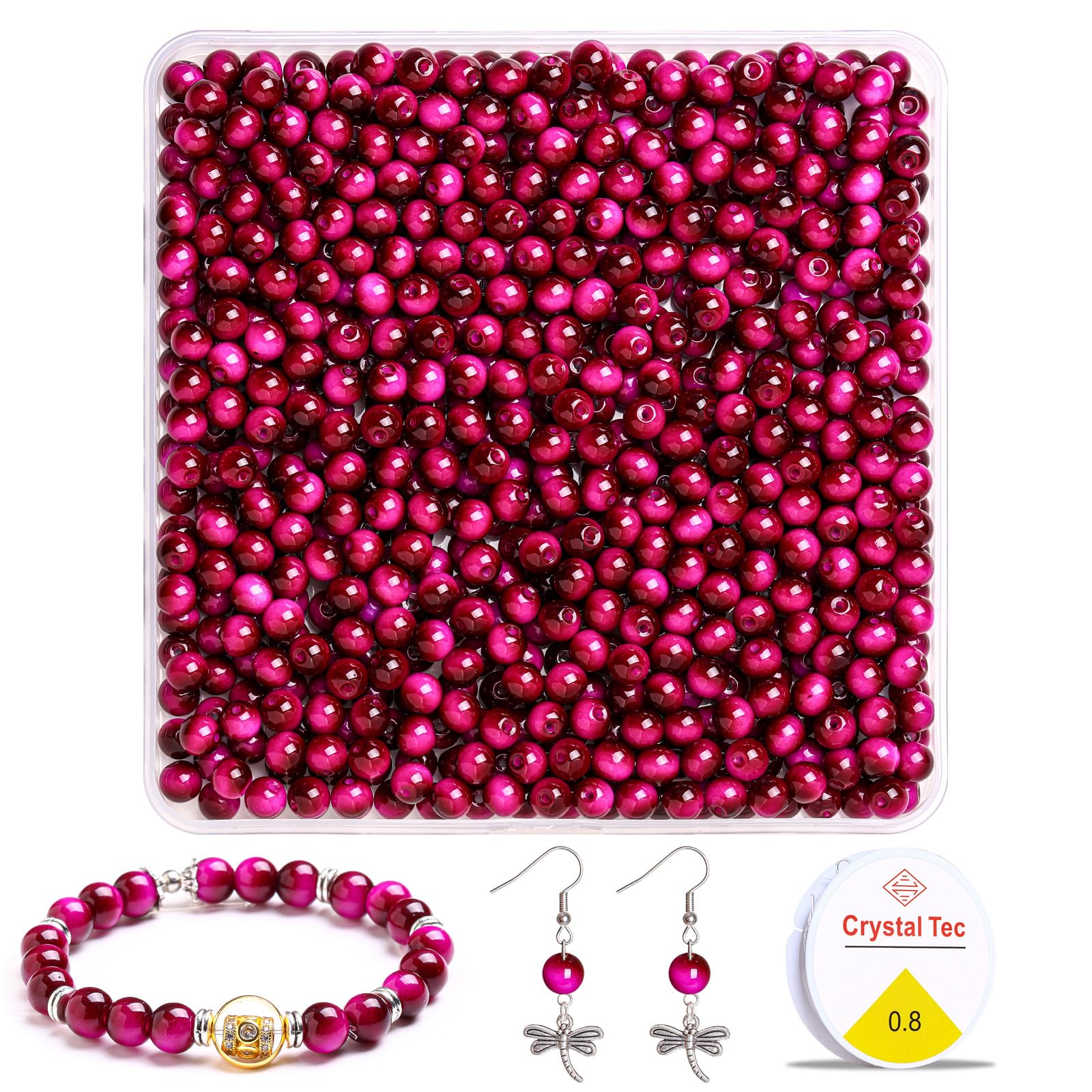 500 Pcs 8mm Magenta Tiger Eye Glass Beads Bulk Pack, Round Polished Gemstone Crystal Glass Beads with Storage Box & Elastic String for Jewellery Making, DIY Bracelet Necklace Earring
