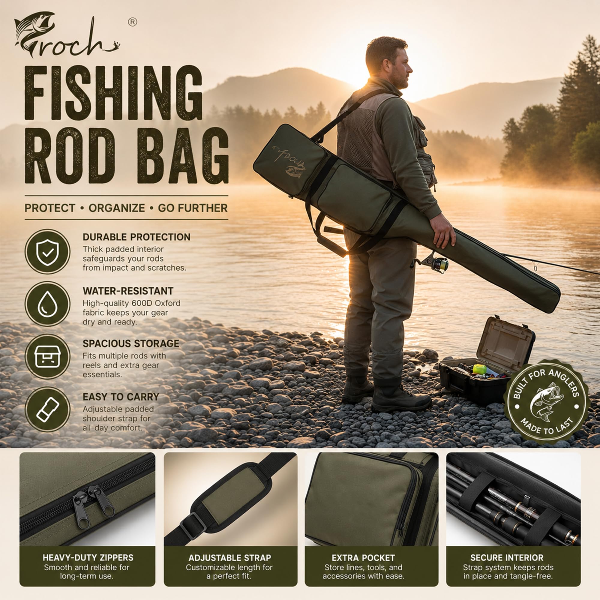 Croch Bolsa para caña de pescar con correa para el hombro, bolsa impermeable para cañas de pescar, bolsa Oxford, gran capacidad para cañas de pescar y carretes, bolsa de transporte de viaje