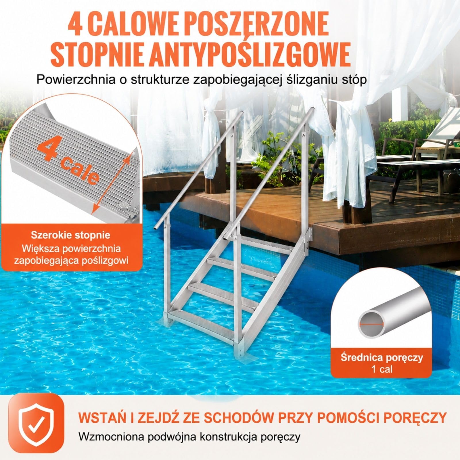 4-stopniowa drabinka do łodzi z dwiema poręczami, ze stopu aluminium, do łodzi, basenów i portów