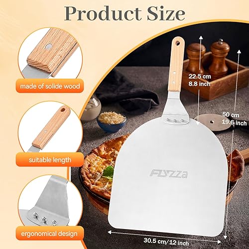 Miniatura 4 de Pala cuadrada de pizza de 12 pulgadas, espátula de pizza de acero inoxidable con mango largo ergonómico de madera para hornear al horno de pizza,