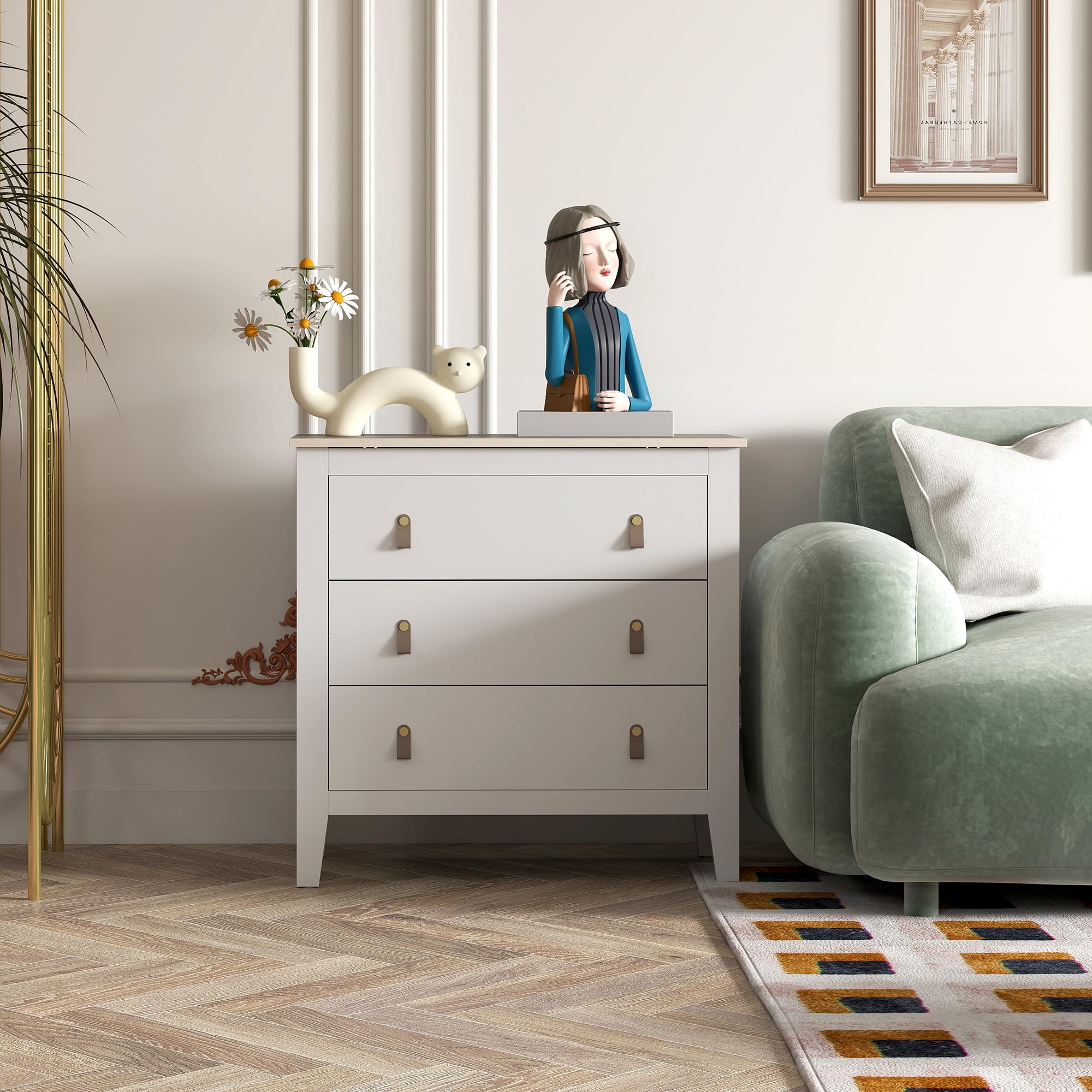 HOMCOM Cómoda de 3 Cajones Tiradores de PU Cajonera 80x40x78,5 cm Blanco | Cómoda para Dormitorio, para Salón Pasillo