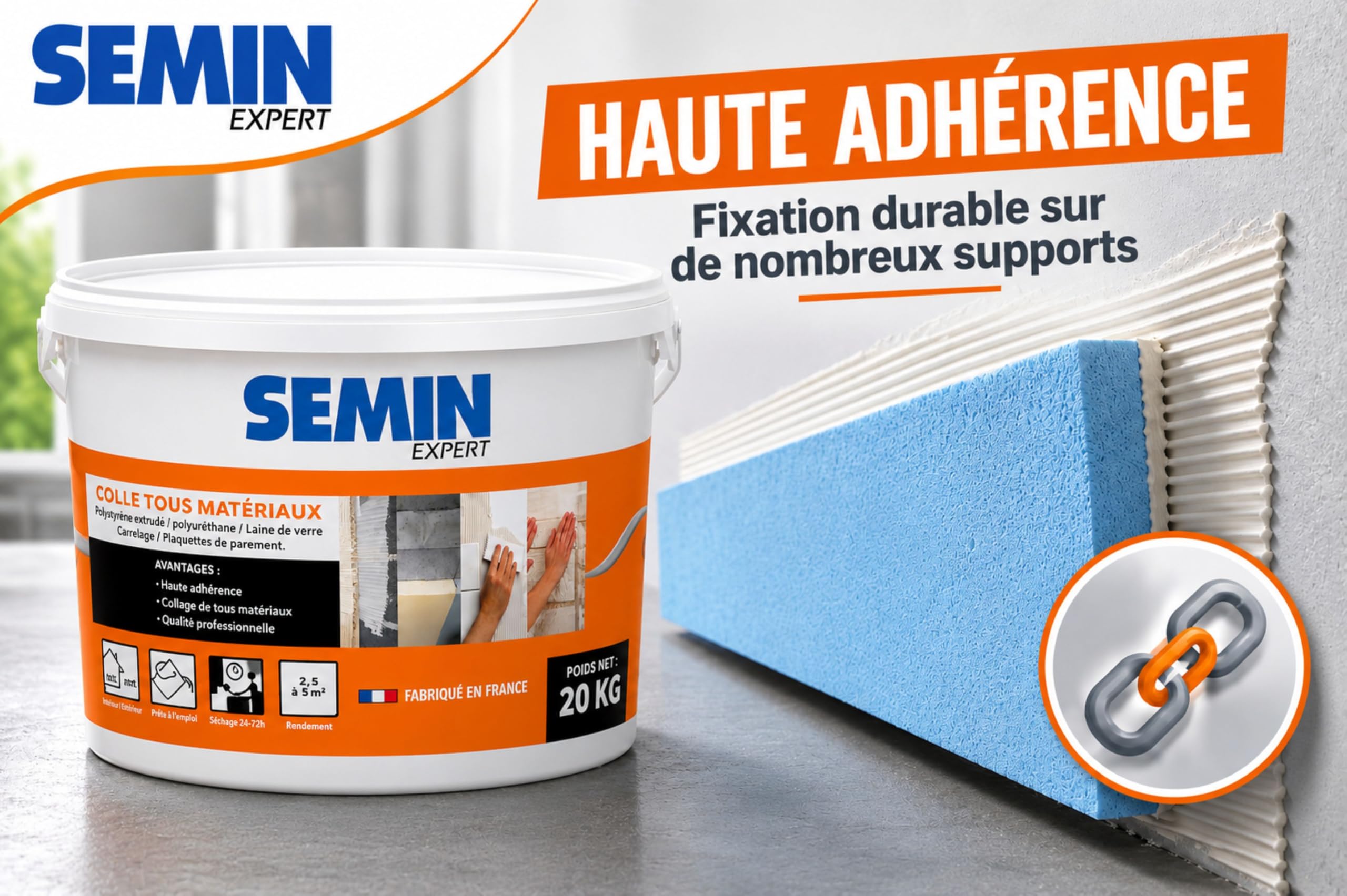 SEMIN Colle Tout Matériaux – 2 X 20 kg – Haute Adhérence Sans Solvant – Prête à l'Emploi – Intérieur/Extérieur – Polystyrène, Liège, Laine de Verre, Carrelage et Plaquettes de Parement