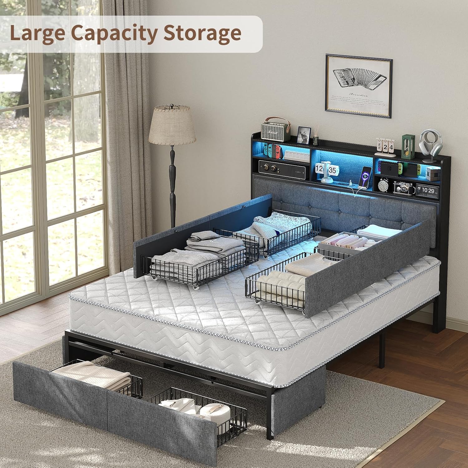 Full Size Bed Frame with 6 Storage Drawers, USB Charging Station & RGB LED Headboard, Upholstered Platform Bed with 2 Outlets, No Box Spring Needed, Noise-Free, Black