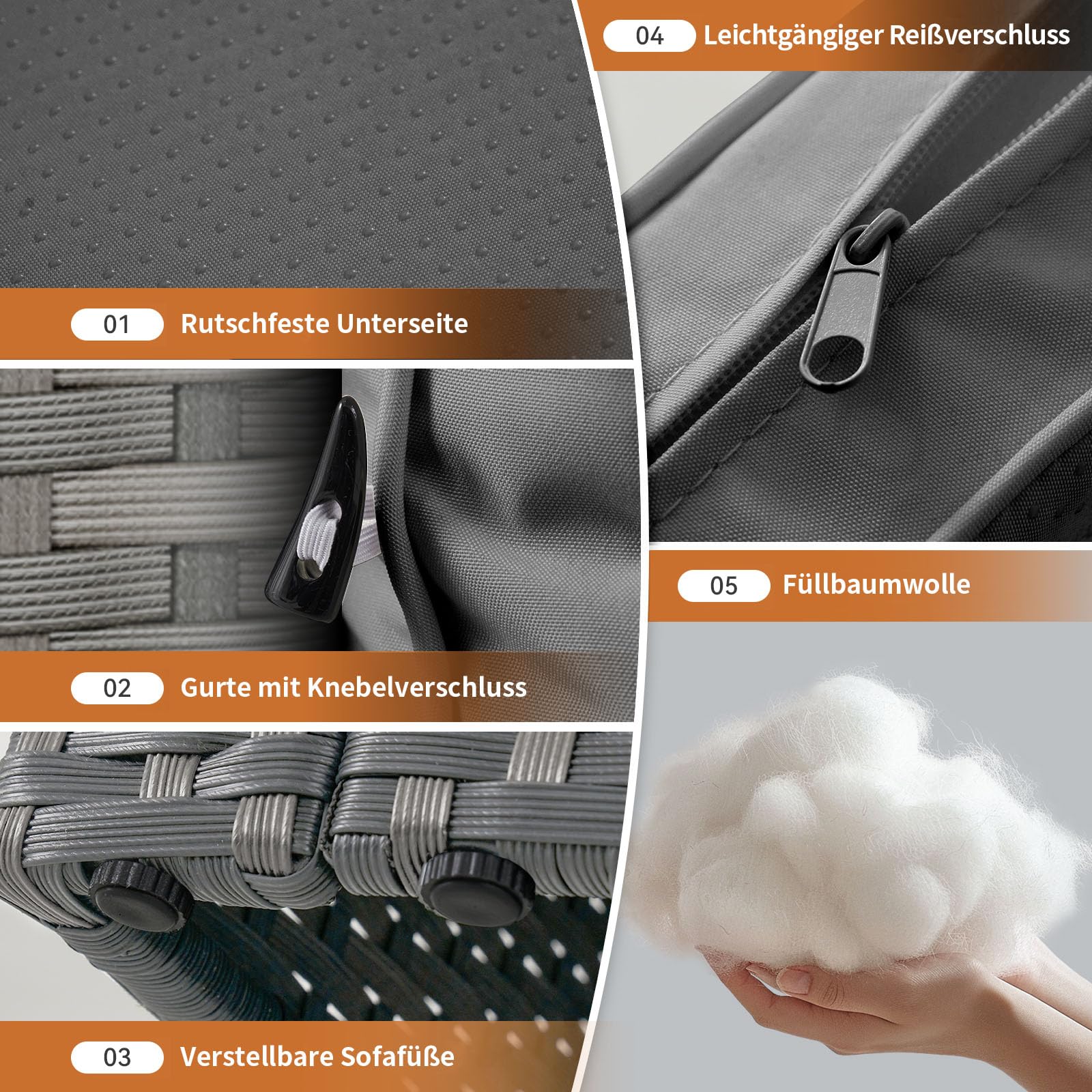 Aoxun Gartenmöbel Set Polyrattan 3-teilig mit 7,5cm dicken Kissen & Glas-Couchtisch, wetterfeste Gartenlounge Outdoor mit extra Langer 196cm Sitzbank, Stabiler Balkon Terrassen Außenmöbel Satz (Grau)