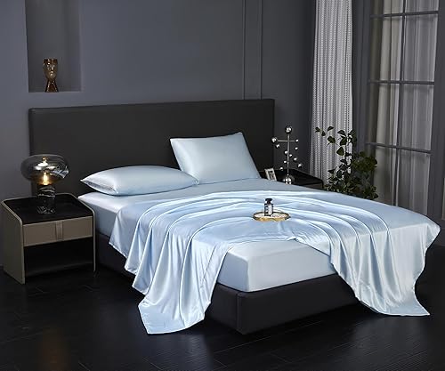 Miniatura 2 de Revdomfly juego de 3 sábanas de satén de tamaño individual de lujo, sedosas y suaves, color azul bebé, 1 sábana bajera premium de hasta 16 pulgadas