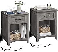 Vista 17 de VASAGLE Colección LIRY - Mesita de noche de granja con estación de carga, mesa de cabecera, mesa auxiliar con cajón, compartimento abierto
