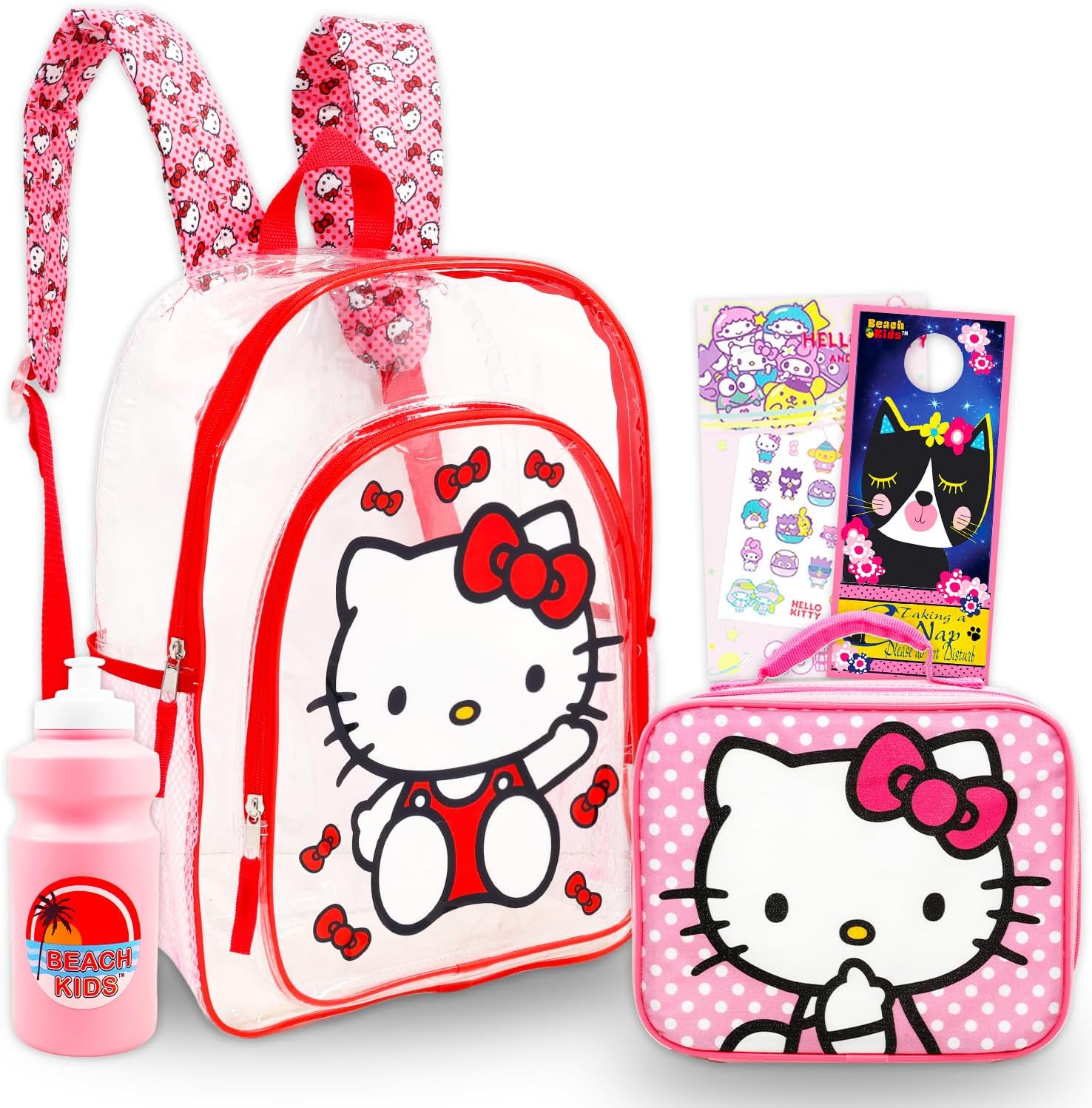 Hello Kitty Backpack with Lunch Box - Bundle with 16" Clear School Bag for Girls, Lunch Bag, Water Bottle, Tattoos, More | Transparent Clear Backpack for Kids School Supplies