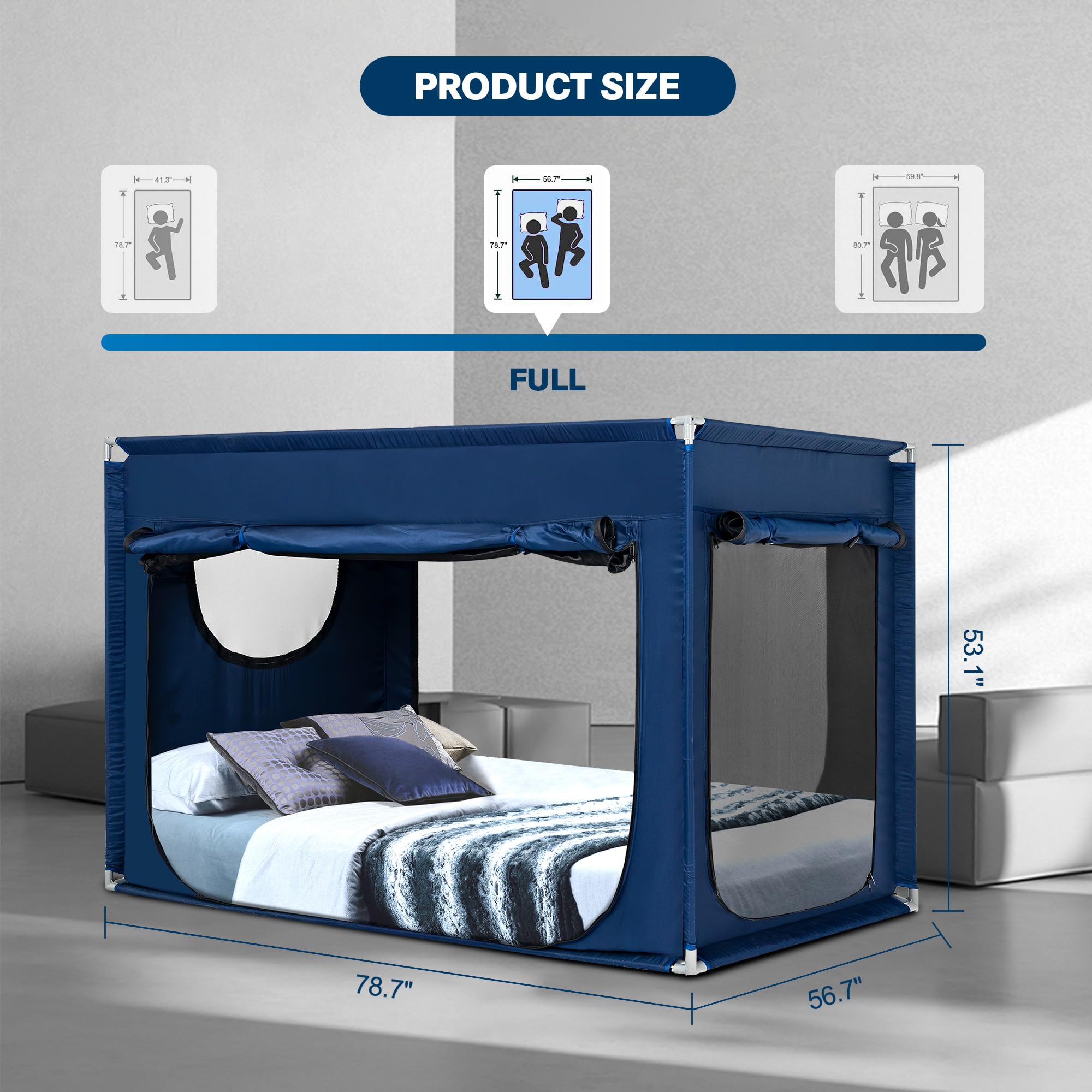 ANC POP Full Bed Canopy Portable Blackout Bed Tent Privacy Tent for Kids and Adult Indoor Sleeping with 3 Doors, Storage Bag, Navy Blue