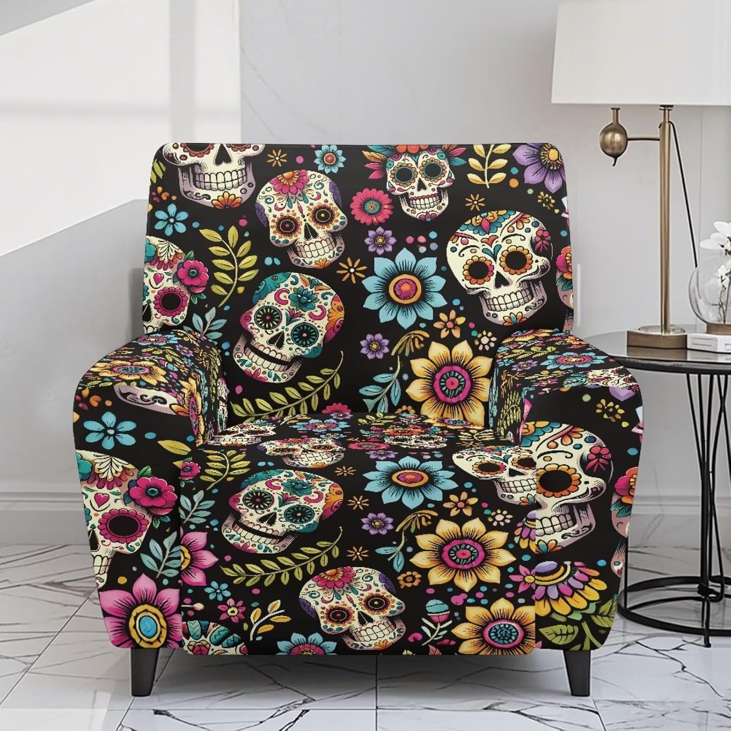 Skull Print Slipcovers for Recliners 4pc Elastic Recliner Chair Covers Sofa Couch Cover Washable Furniture Protector for Pet Kids Easy to Clean
