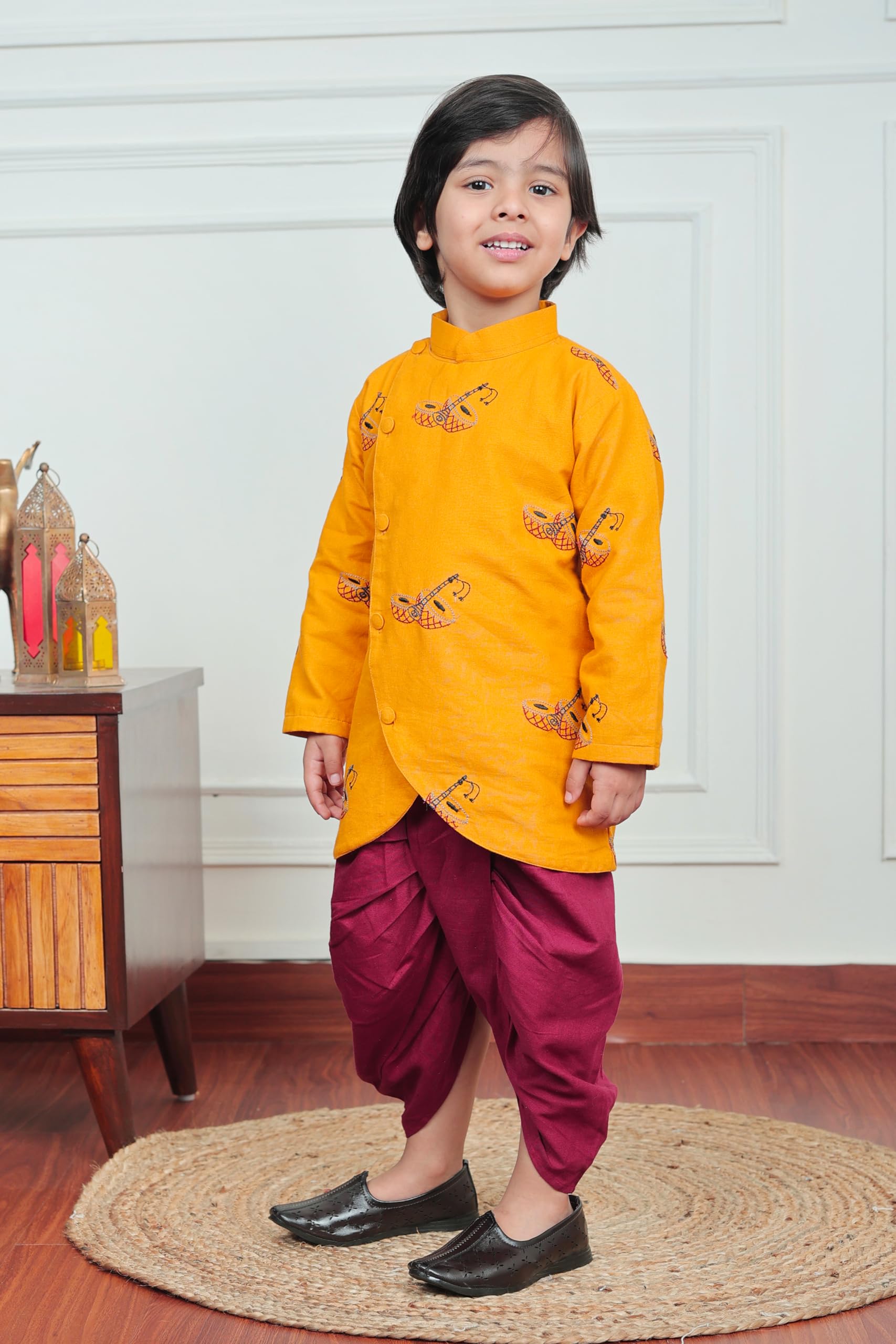 POLKA TOTS Full Sleeve Angrakha Kurta and Dhoti Set - 100% Cotton Traditional Ethnic Wear for Boys Ethnic Print | Baby Boy Kurta Pyjama for Weddings & Festivals (Shehnai Print, 0-3 M) 2