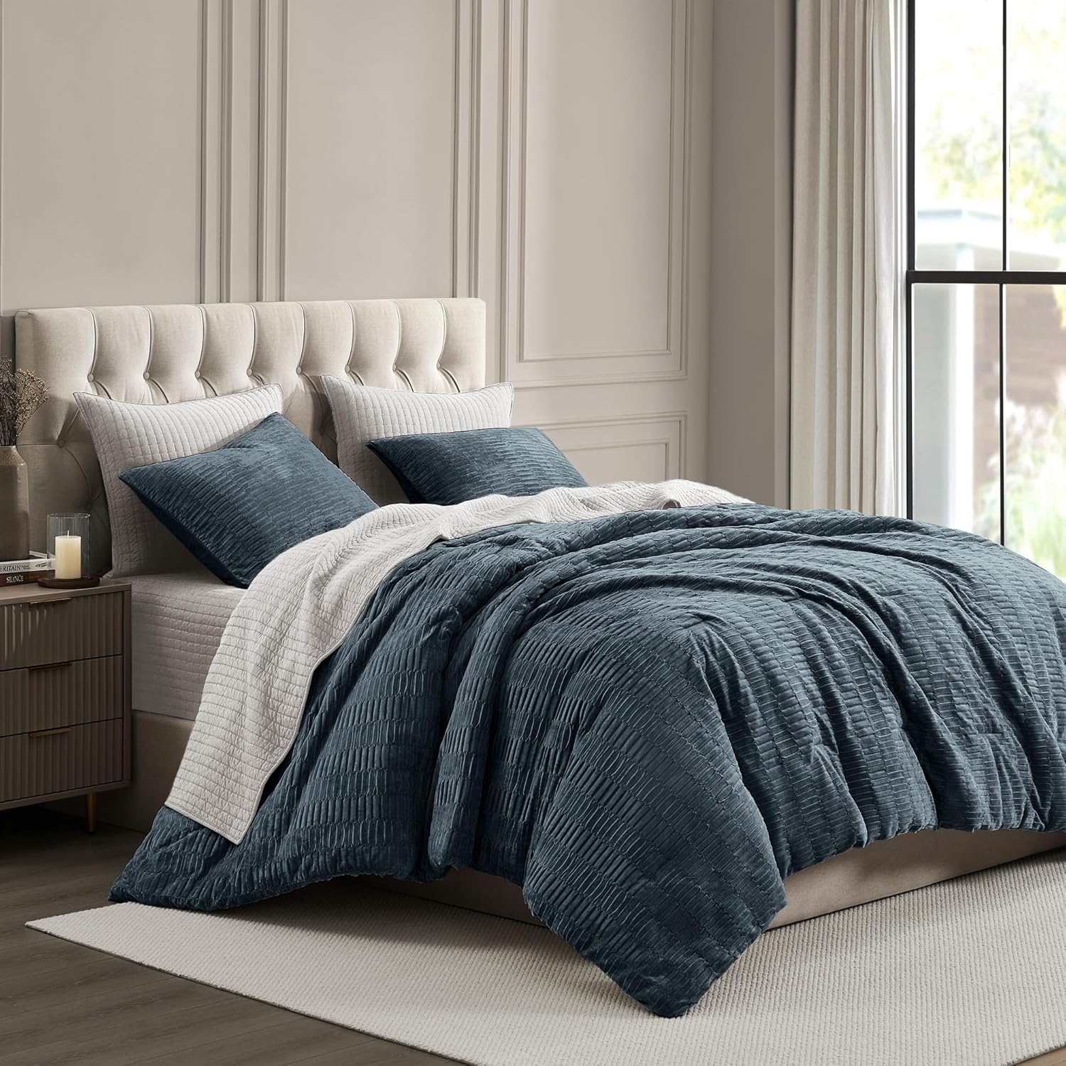 Wonderful Crinkle Crushed Velvet Comforter Set Queen Size Dark Brown, 3 Piece Crimping Striped Luxurious Lightweight Cozy, Cotton Feel, Soft Fluffy Comforter Bedding Set