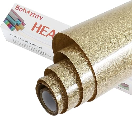 Rollo de vinilo de transferencia de calor con purpurina dorada claro, vinilo para planchar con purpurina para Cricut y Silhouette Cameo, vinilo con