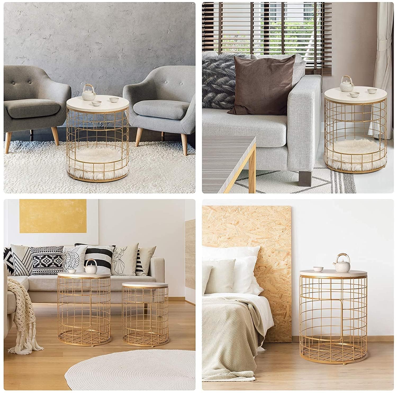 OGFC 28996 Set of 2 Nesting Tables with Golden Metal Frame Living Room, Round Nest of Table with Side Opening Storage for Blankets, Toys Tidy. High Gloss Sofa Side End Coffee Table - Golden 3