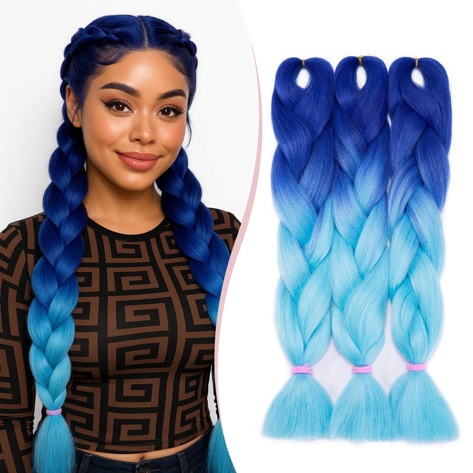 SEGO Pro Braiding Hair Extensions 24 Inch Yaki Synthetic Jumbo Box Braid Hair for Crochet Twist Braids for Women Pack of 3 (Dark Blue to Light Blue)
