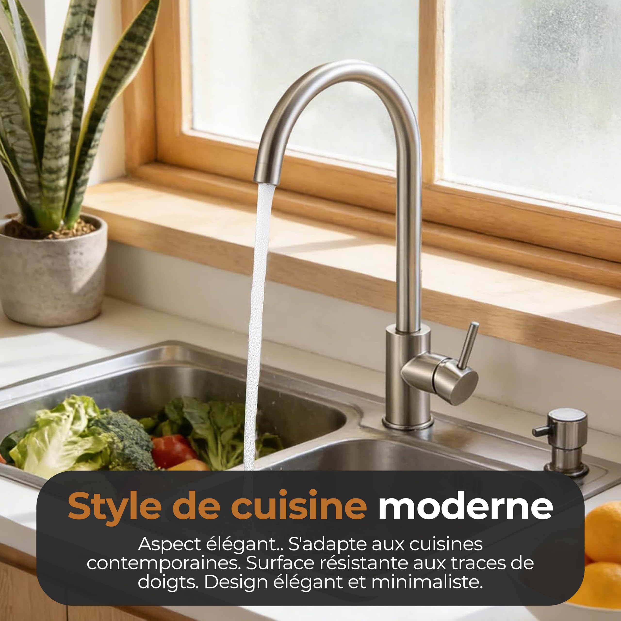 MELTA Mitigeur Évier Arc Élevé Acier Inoxydable Robinet Cuisine Pivotant 360° Levier Unique Chrome Poli