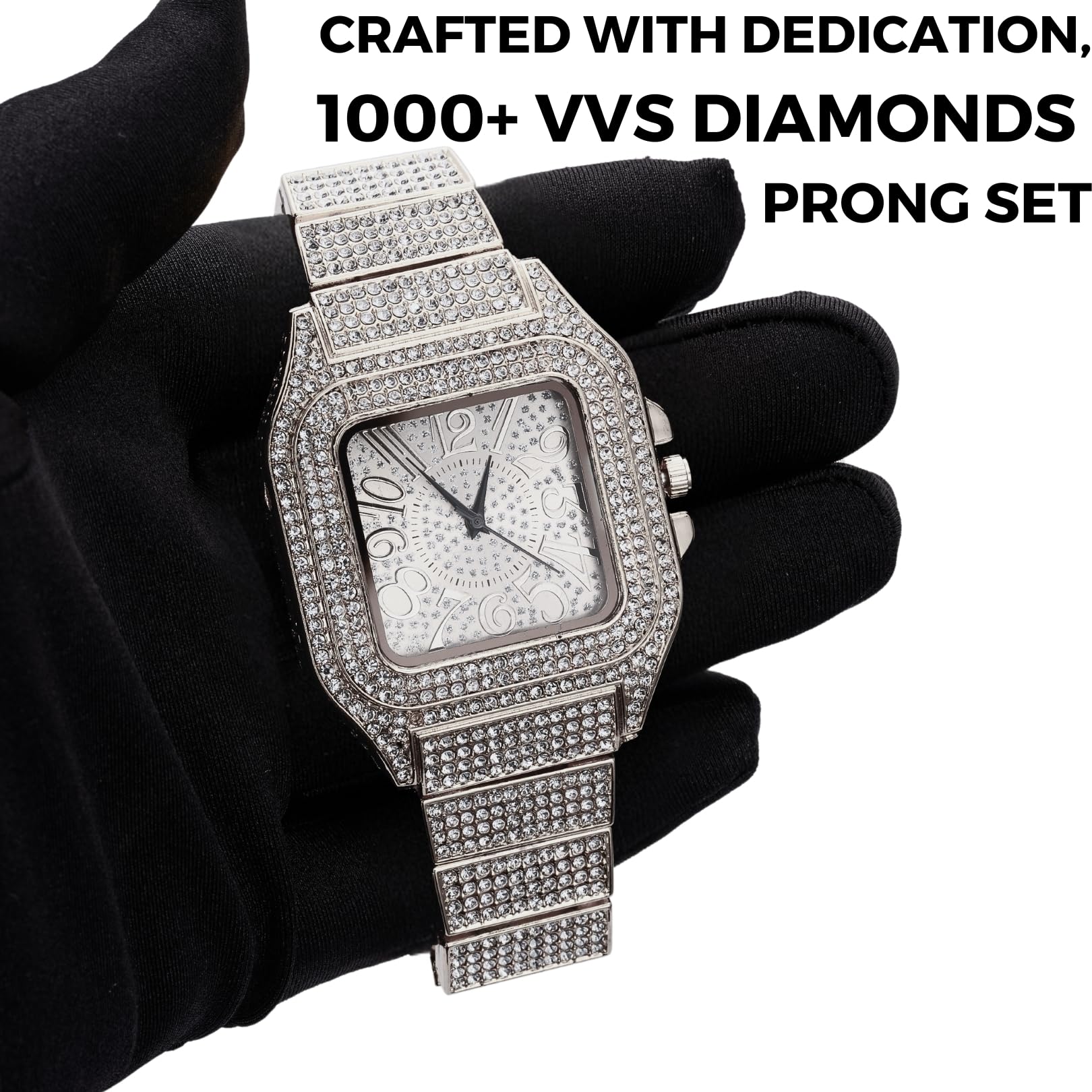 HALUKAKAH Reloj con Diamantes Iced out,Hombre Chapado en Oro 18K/Platino Oro Blanco Esfera con Números Árabes Cuarzo 22cm,Opcional con Cadena Cubana 20cm/45cm,Viene con Caja de Regalo