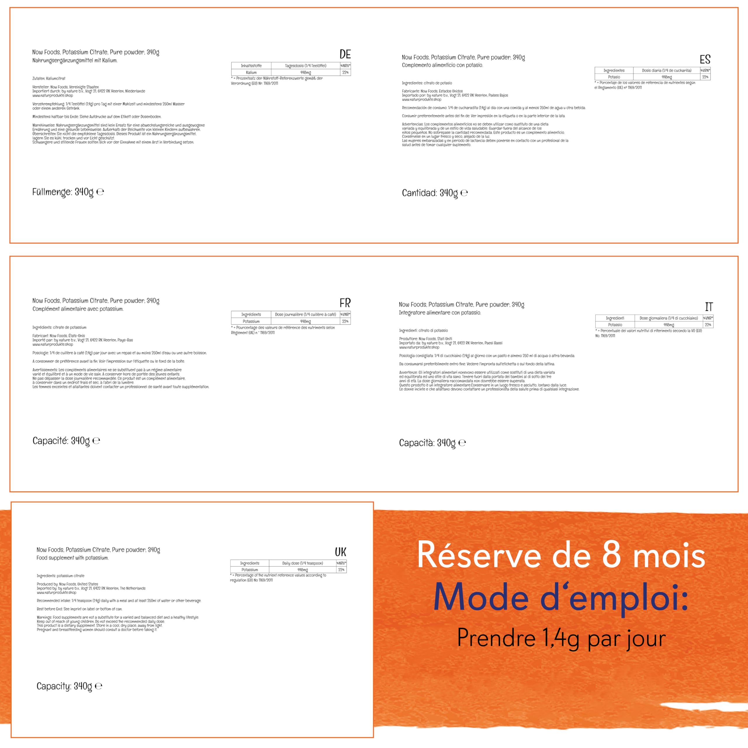 Now Foods, Potassium Citrate (Citrate de Potassium), 340g de Poudre végétalienne, Testé en Laboratoire, Minéraux, Potassium, Sans Gluten, Sans Soja, Végétarien