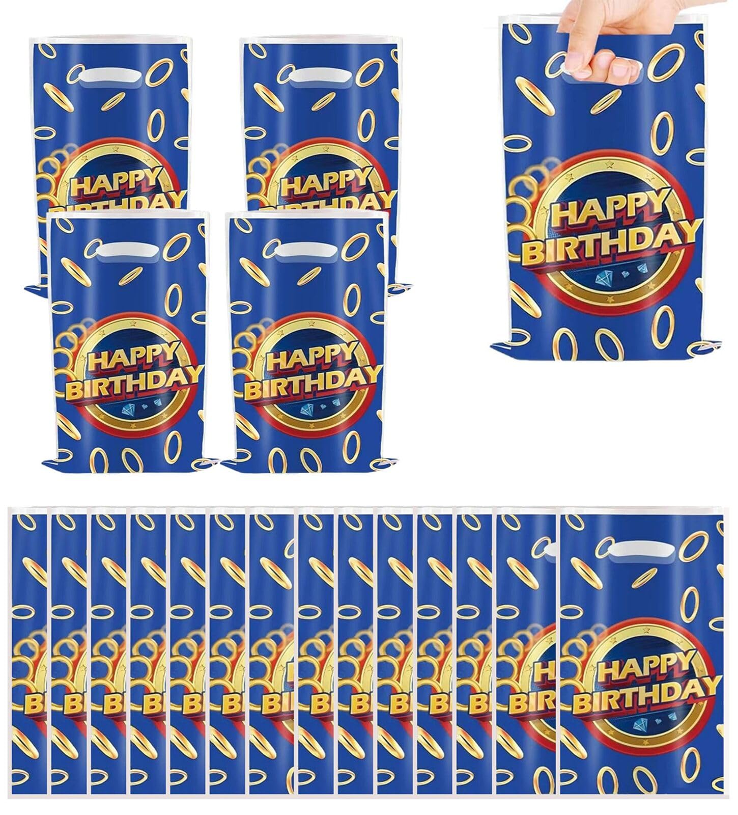 Cartoon Blue Hedgehog Party Bags, 50 Pcs Blue with Gold Ring Print Gift Candy Goodie Treat Bags for Video Game Birthday Party Decorations