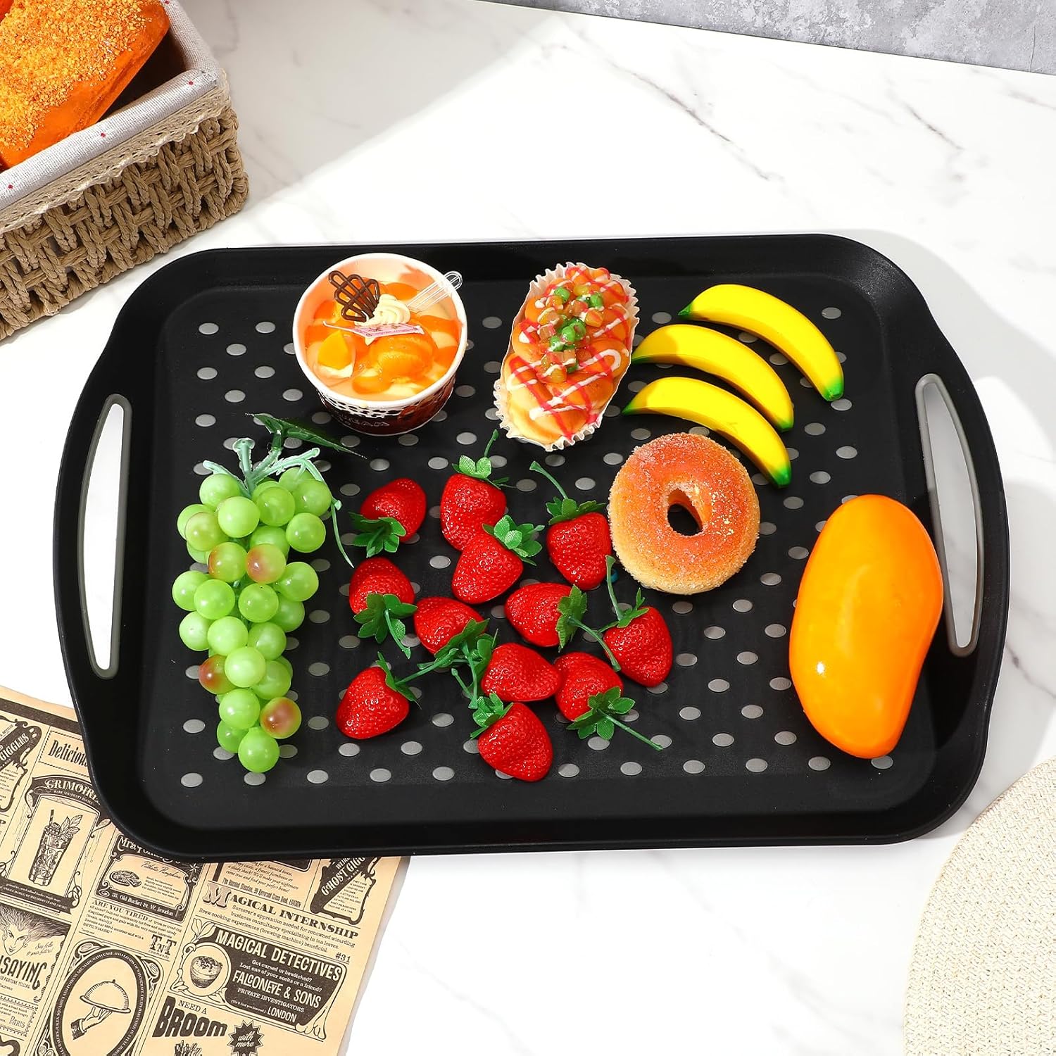 Large Nonslip Serving Tray with Handles, Silicone Grippy Dots Lap Food Trays for Eating, Dishwasher Safe Serve for Breakfast Dinner Snack Fruit Appetizers Beverage, Rectangular, Set of 2, Black - Image 5
