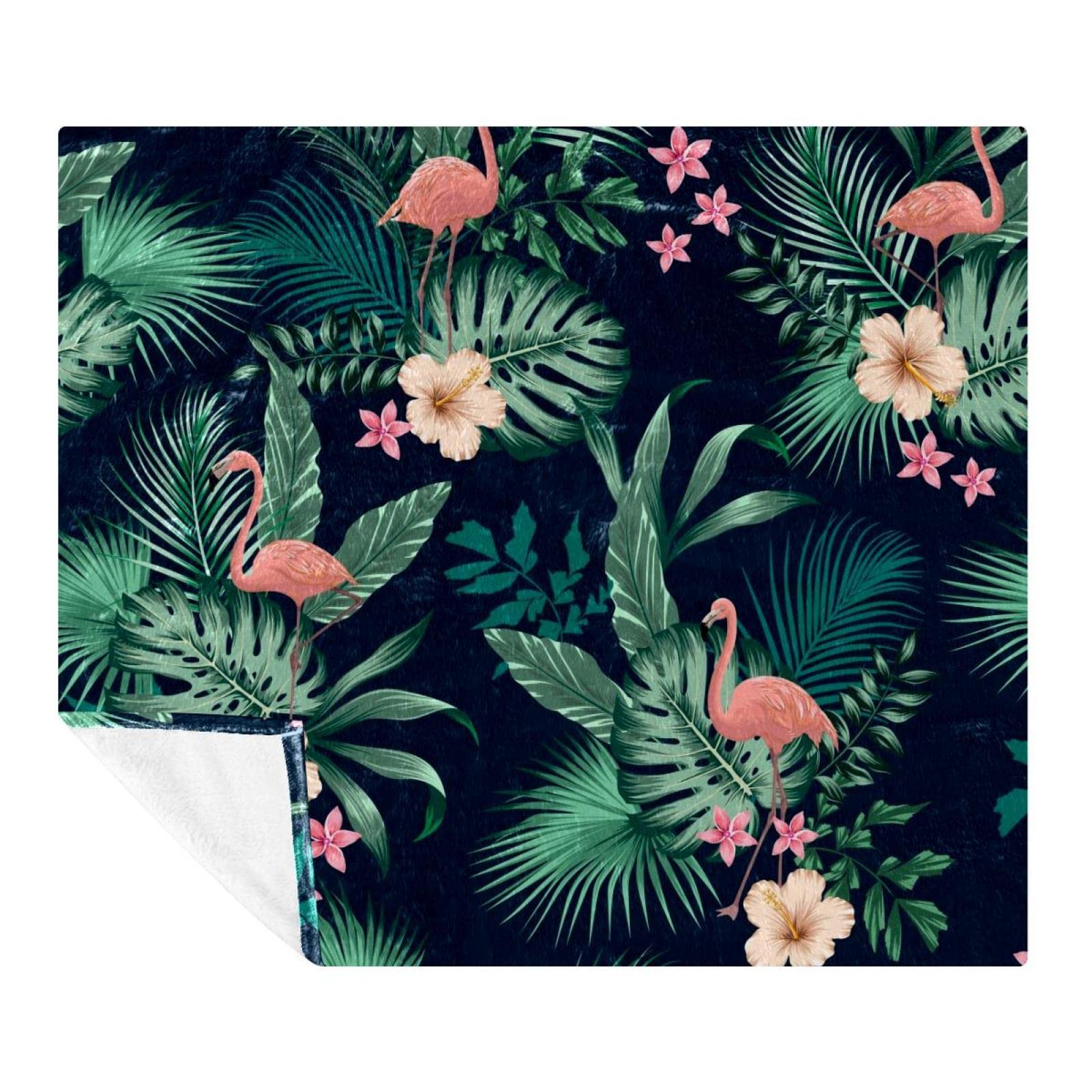 Couverture flamants roses et monstera en polaire microfibre pour lit et canapé 150x200cm