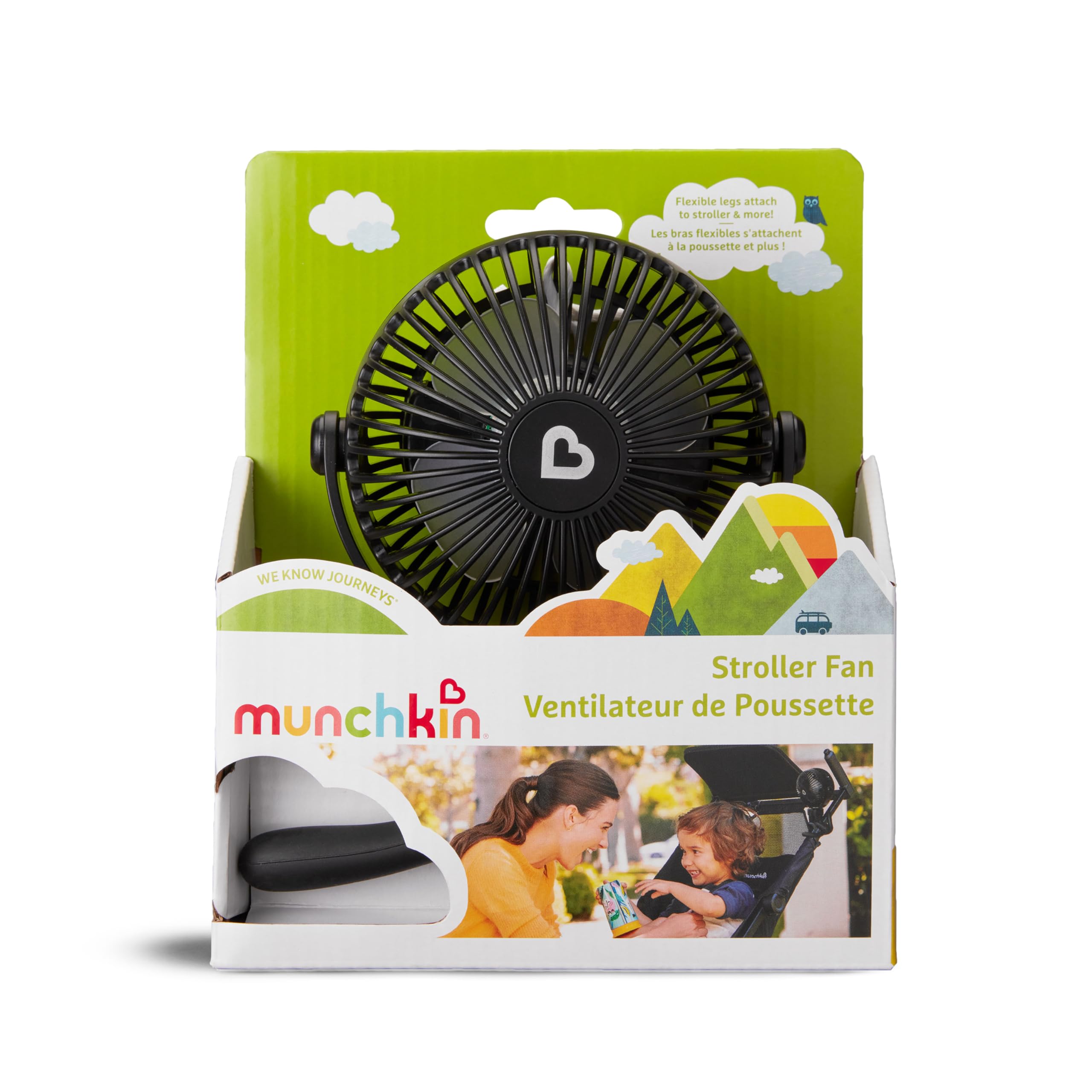 Munchkin Wentylator do wózka dziecięcego, mini przenośny wentylator do wózka dziecięcego, z oświetleniem LED, niezbędnik dla niemowląt, 360 z 4 prędkościami, czarny