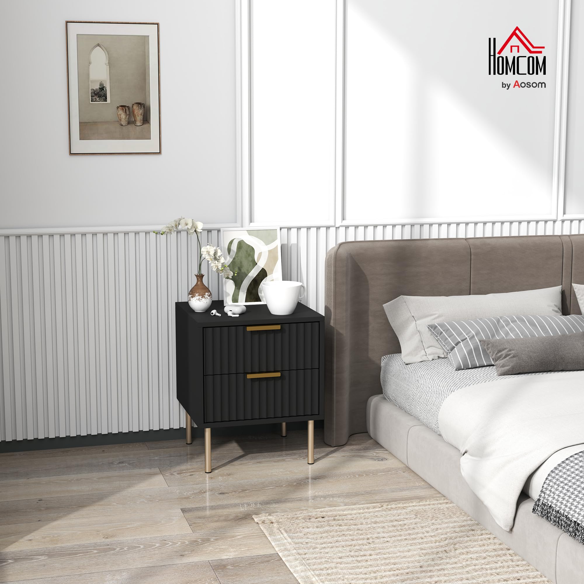 HOMCOM Table de Chevet Cannelée 2 Tiroirs Pieds Acier 40 x 39 x 48 cm Noir