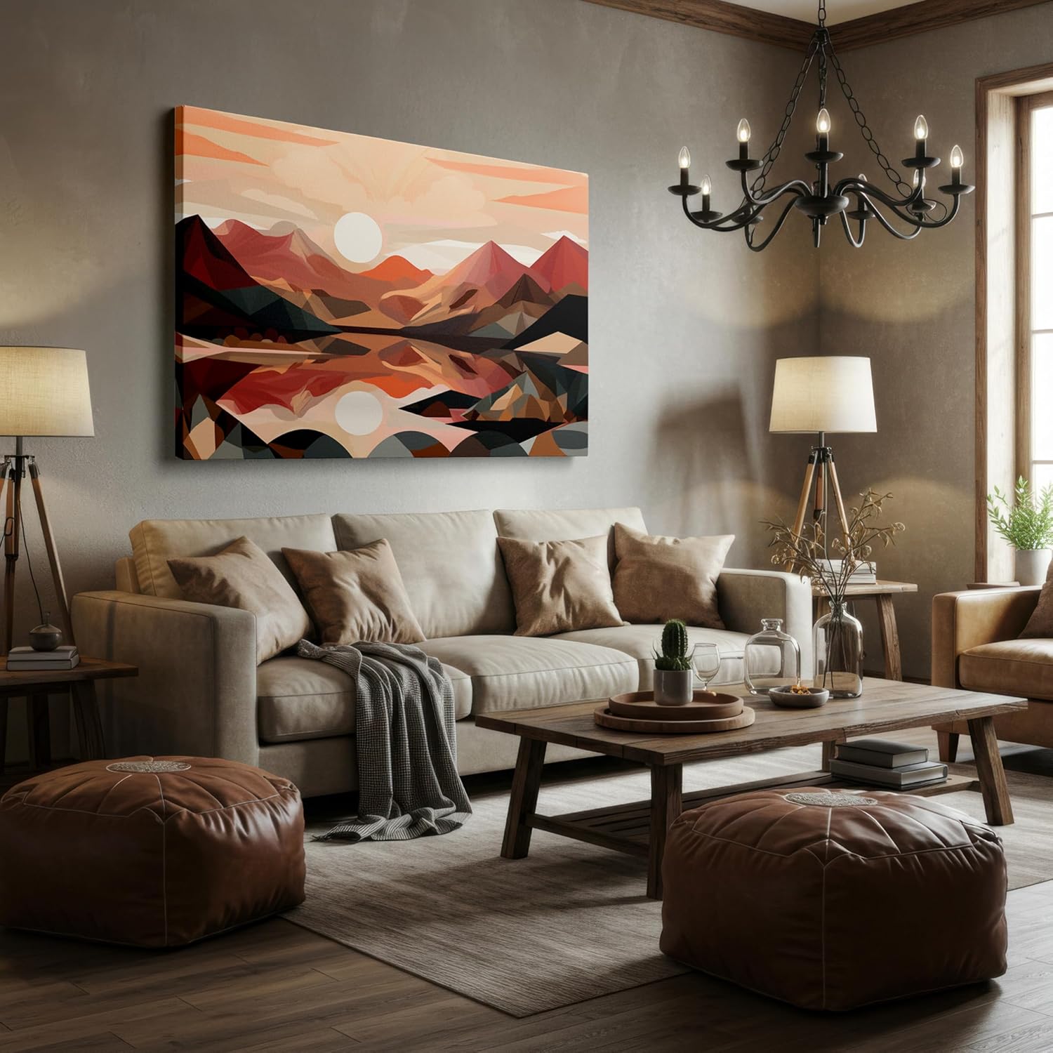 Canvas for Living room. Sunset Serenity in Geometric Wonders: A Digital Vista of Tranquil Mountains and Reflective Lake, 27 x 18 inch Canvas Wall Art - Contemporary Masterpieces - Modern Home Decor