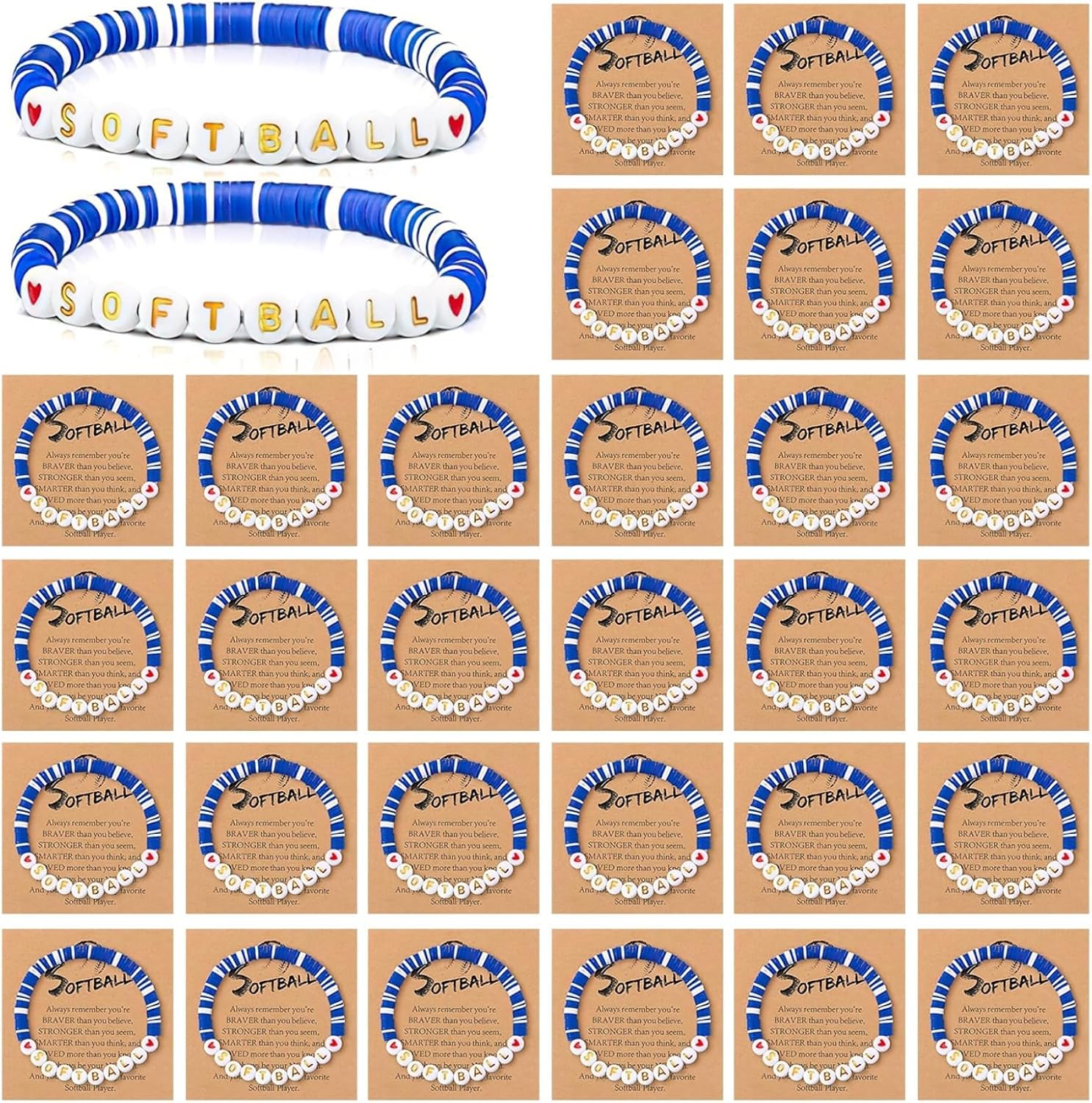 Blue & White Softball Bracelets, 30 Pcs Pottery Bracelets With Clay Beads, Team Gift, Includes Inspirational Cards
