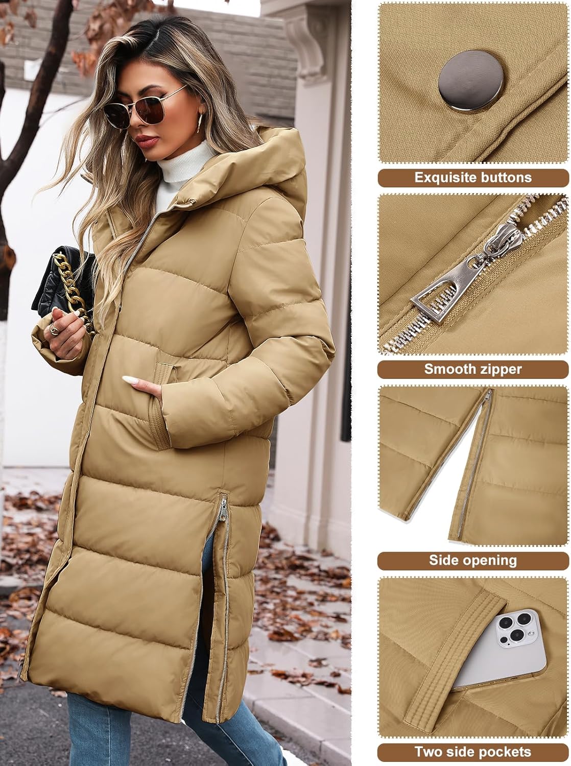 Jyanl Womens Winter Long Puffer Coat Thicken Ladies Quilted Jacket Puffy Padded Zip Hood Parka Side Zipper Trendy 2026 - Image 4