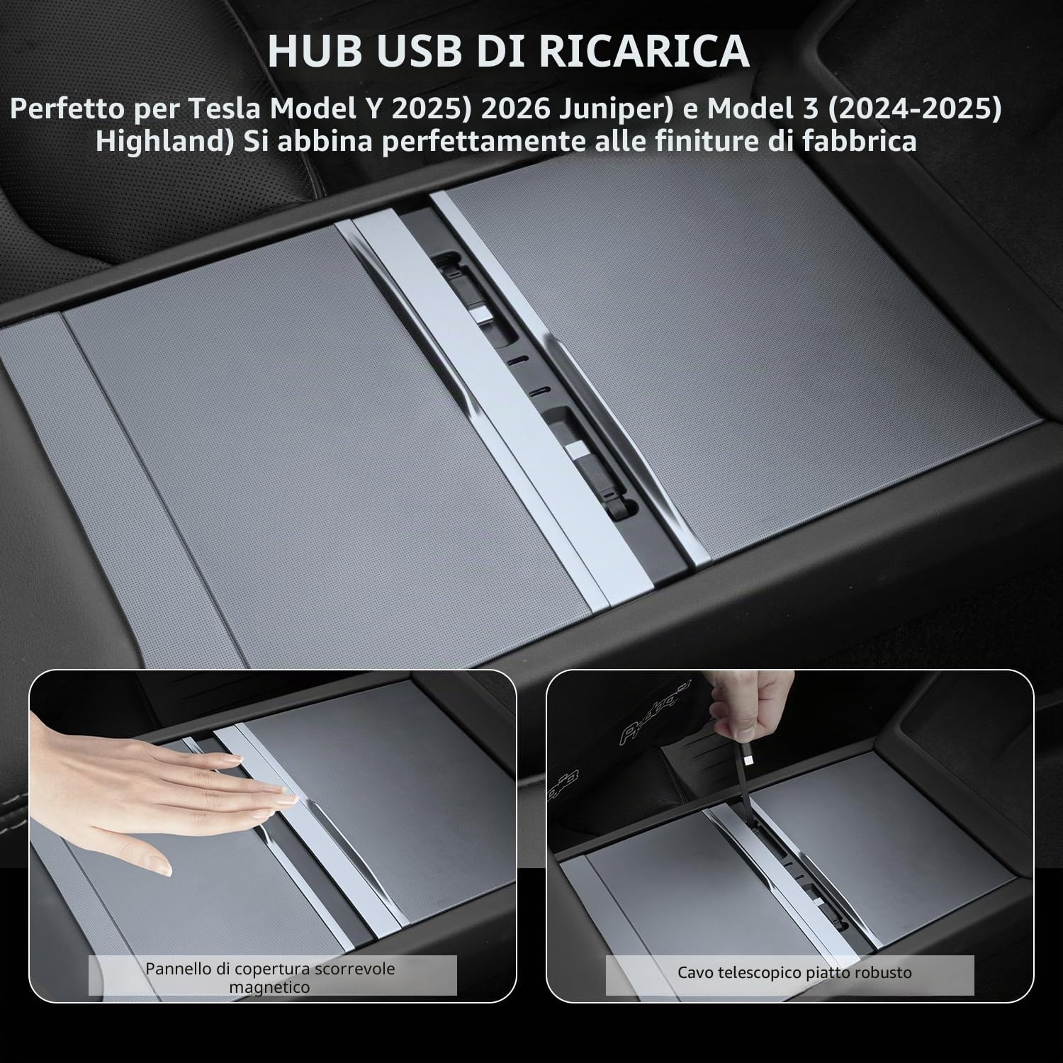 Dotato di Due Cavi Dati Retrattili Type-C for Tesla Model Y Juniper 2025 2026 Model 3 Highland 2024 2025, Cavo Retrattile con Ricarica Super Rapida da 45W per Adattatore Console Centrale TESLA