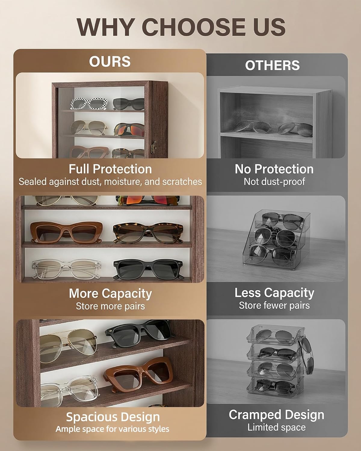 TJ.MOREE 5-Tier Sunglasses Organizer Storage Wall Mounted: 13 x 15 inches Eyewear Display Case Rustic Wood Eyeglasses Holder Large Glasses Storage Box, Brown