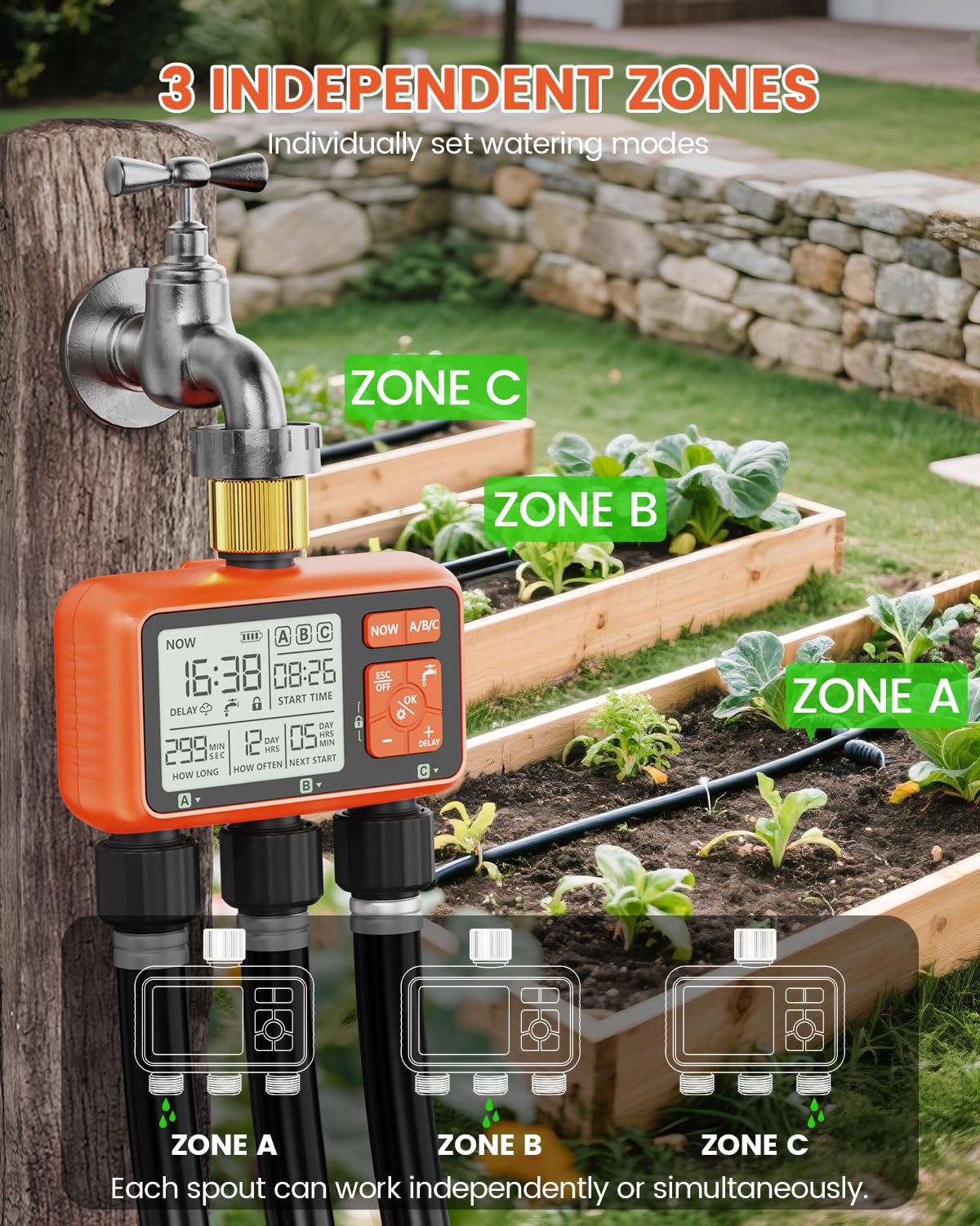 Timer per irrigatore a 3 zone con ingresso in ottone Timer dell'acqua per tubo da giardino Regolatore programmabile del rubinetto del tubo flessibile con controllo della zona indipendente Ritardo