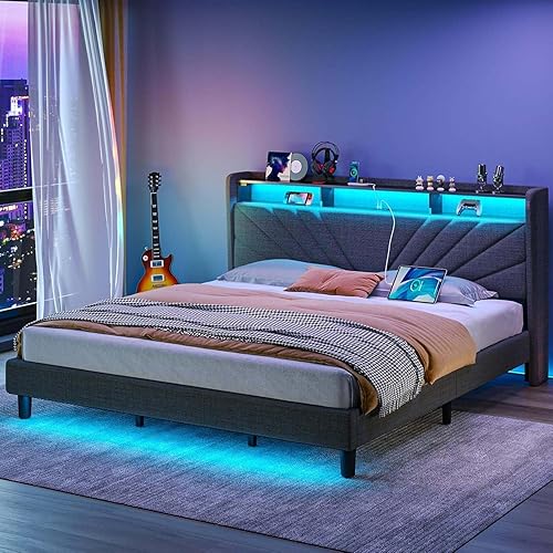 Rolanstar Base de cama tamaño King, cabecera de almacenamiento con estación de carga y luces LED, cama tapizada con listones de madera resistentes,