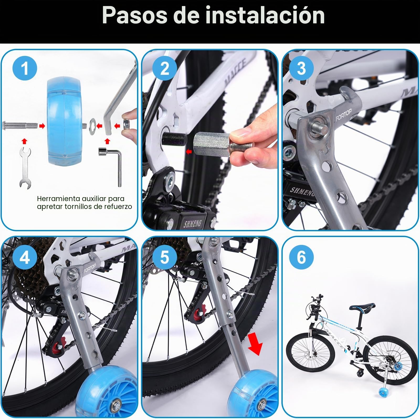 Ruedas de entrenamiento para bicicleta, par de ruedas traseras resistentes con estabilizadores montados para bicicleta variable de 16, 18, 20, 22 y 24 pulgadas, para niños y niñas (negro)