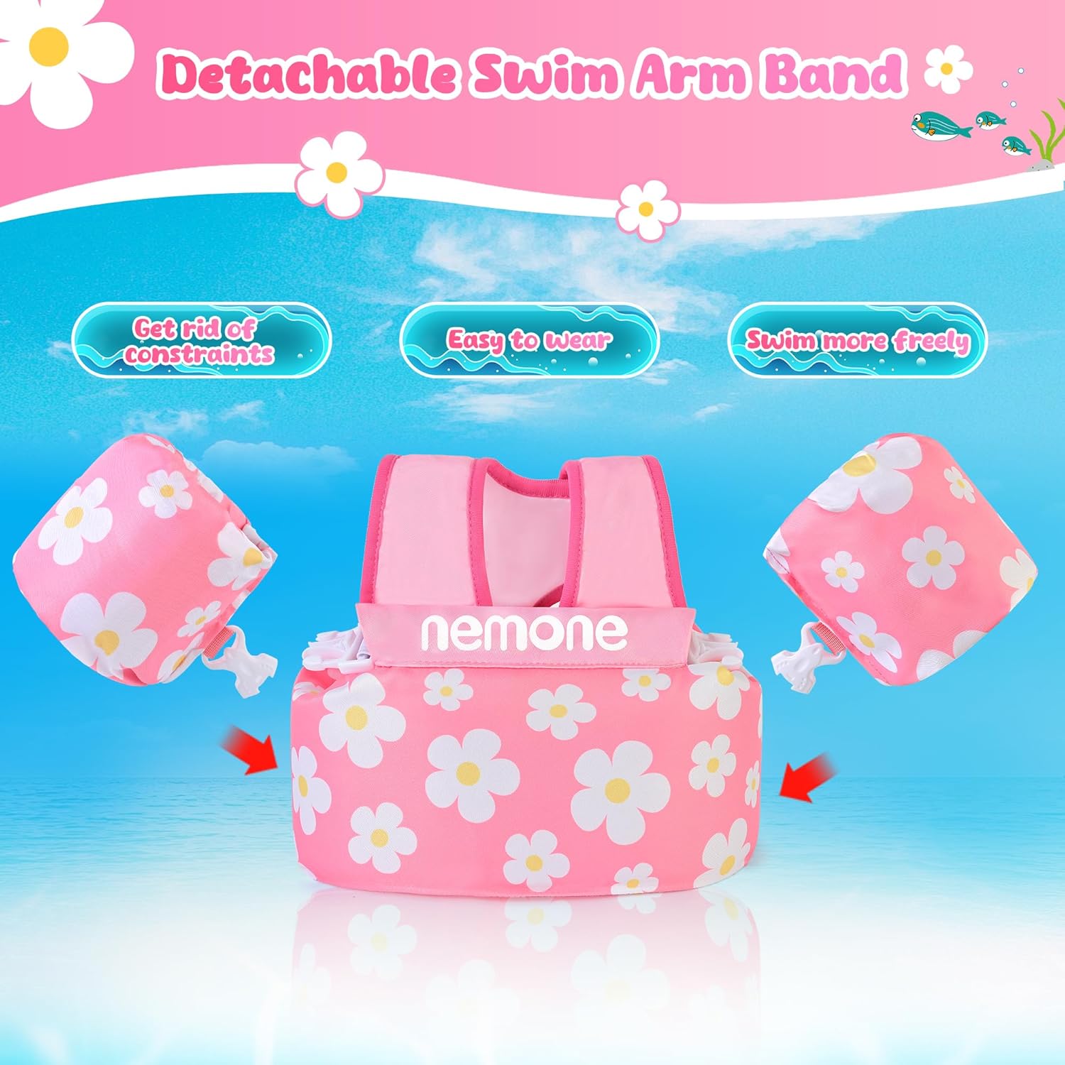 Nemone Toddler Swim Vest for 22-70 lbs Kids Floaties Swim Jacket with Arm Water Wings for Girls Boys 1 2 3 4 5 6 7 Years Old Beach Pool 20 30 40 50 60 66 Pounds Puddle Jumper