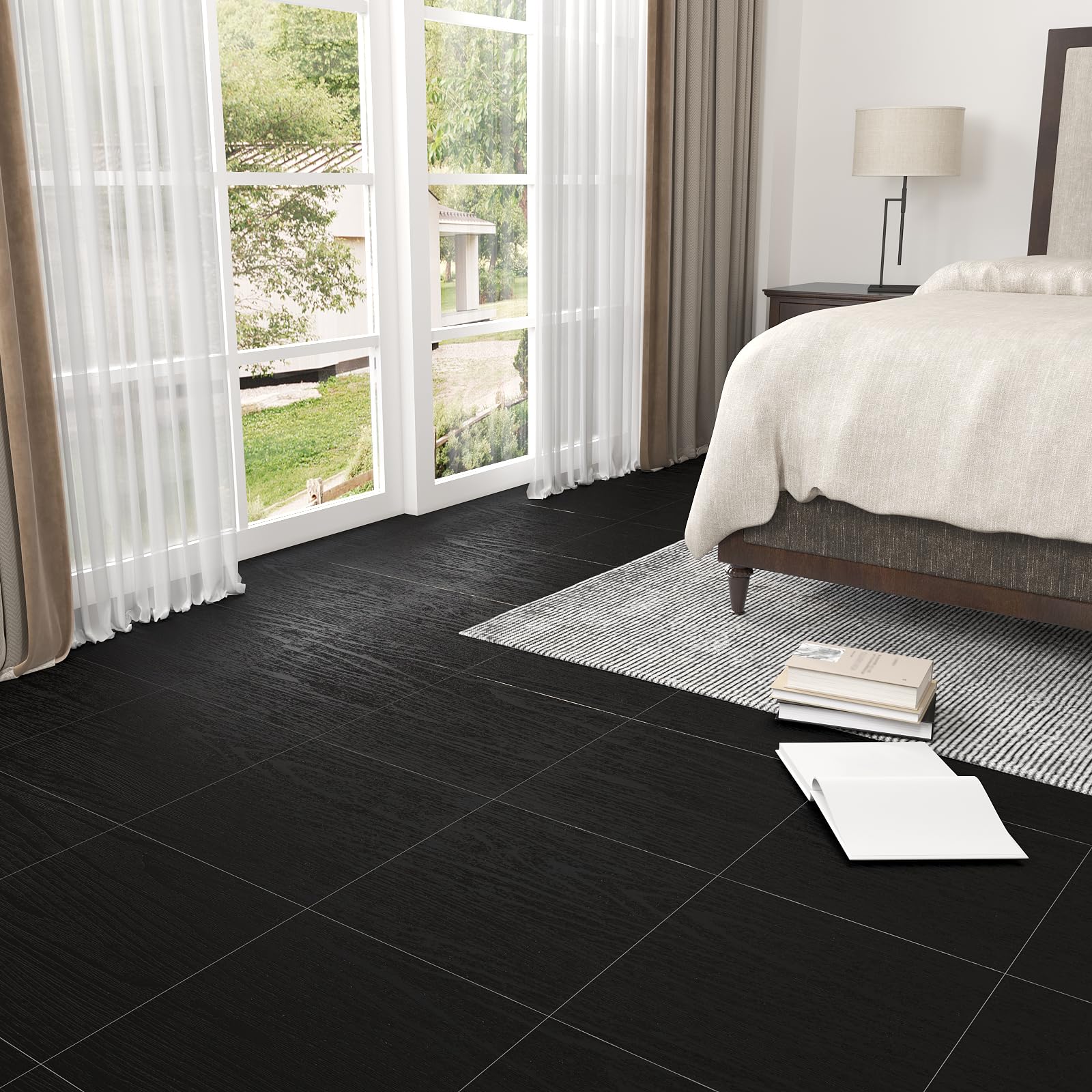 VaryPaper Pavimento in PVC Effetto Legno Nero 30cmx30cm 20 Pezzi Parquet Laminato Pavimento PVC Adesivo Soggiorno Camera Letto Piastrelle Adesive Bagno Impermeabile Adesivi per Piastrelle Cucina