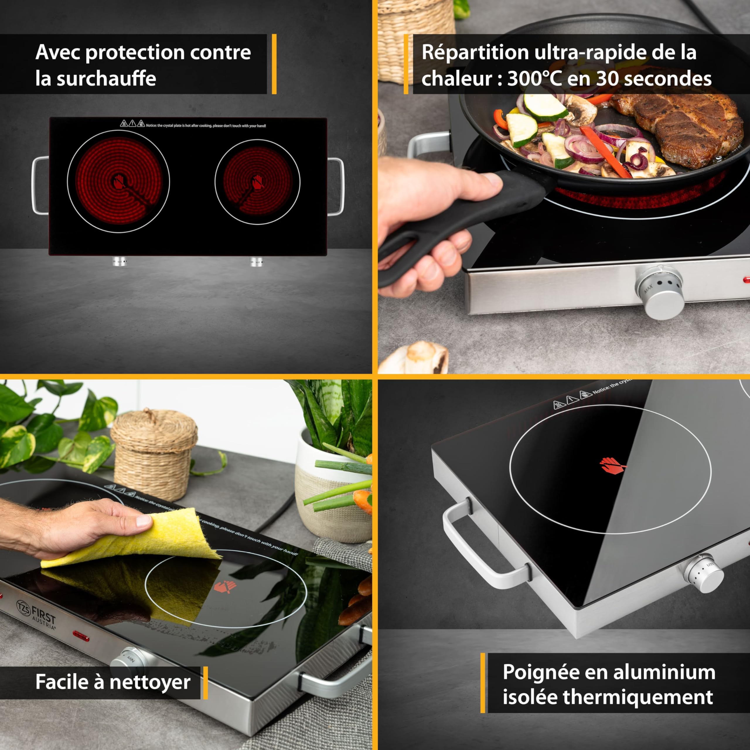 TZS First Austria - Plaque de cuisson double infrarouge vitrocéramique TOUS types de casseroles 2800W - Mini réchaud électrique pour déménagement, camping & maison - Réglage continu et témoin contrôle