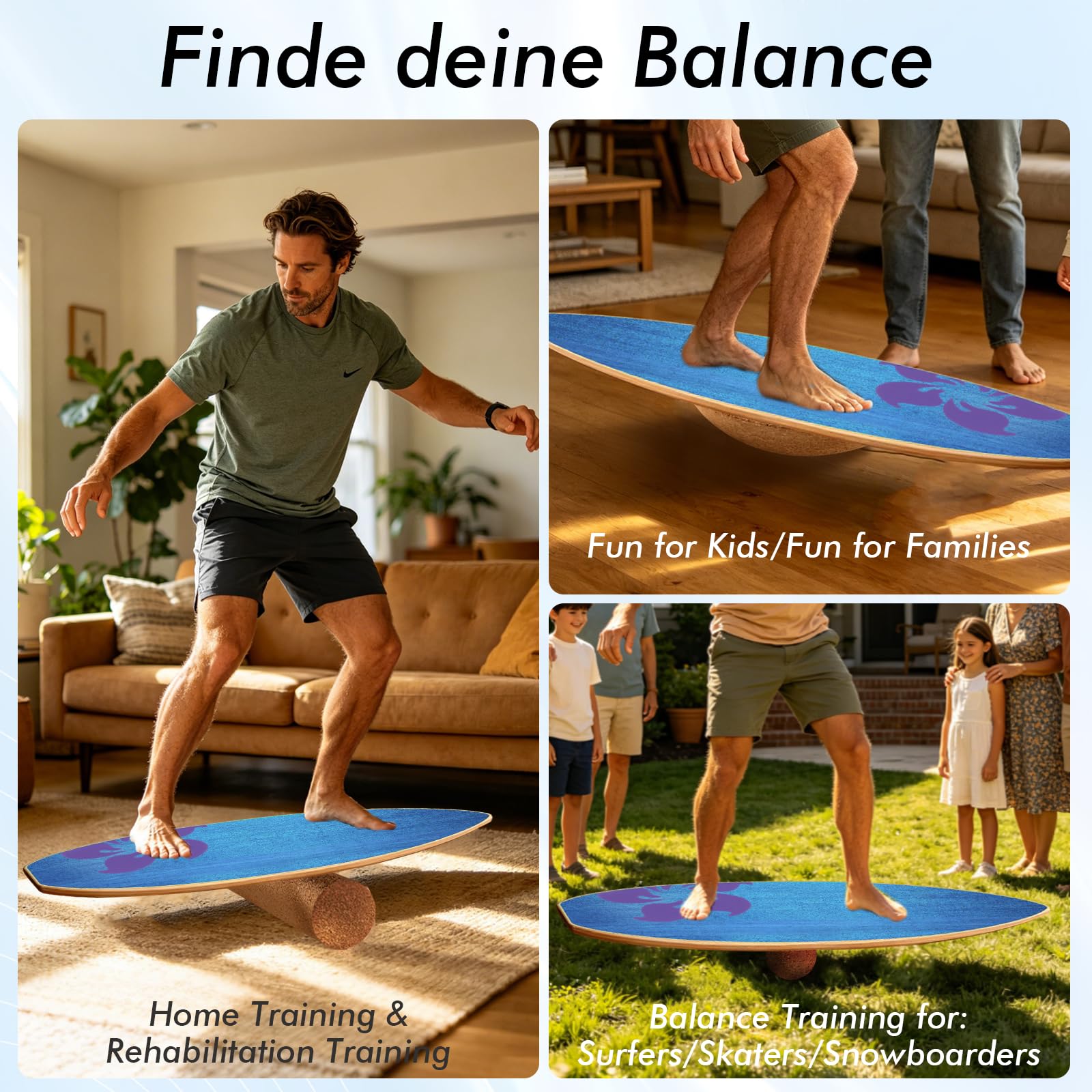 Balance Board Erwachsene, Surfing balance board aus Echtholz, Balance Trainer mit Rutschfester Gleichgewichtstrainer, Holz Balancebrett Set mit Korkrolle, Kork Halbkugel und Korkball
