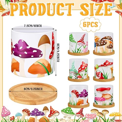 Miniatura 2 de Gejoy 6 macetas coloridas de hongos con orificio de drenaje y bandejas de bambú extraíbles, maceta de hongos, macetas para suculentas, macetas