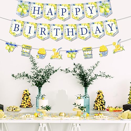 Miniatura 3 de Cartel de feliz cumpleaños de limón con guirnalda de limón, azulejos azules y decoraciones de fiesta de cumpleaños de limón, suministros de fiesta