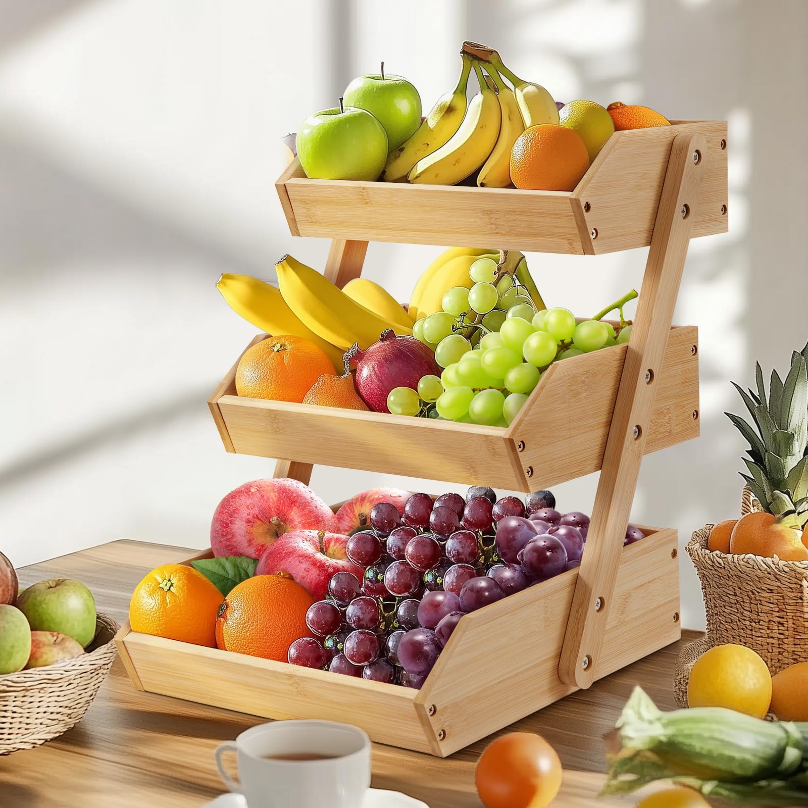 Étagère à fruits et légumes à 3 niveaux en bambou – Panier de rangement en bois pour plan de travail (fruits, légumes, pain et collations) – Support d'organisation pour (3 niveaux)